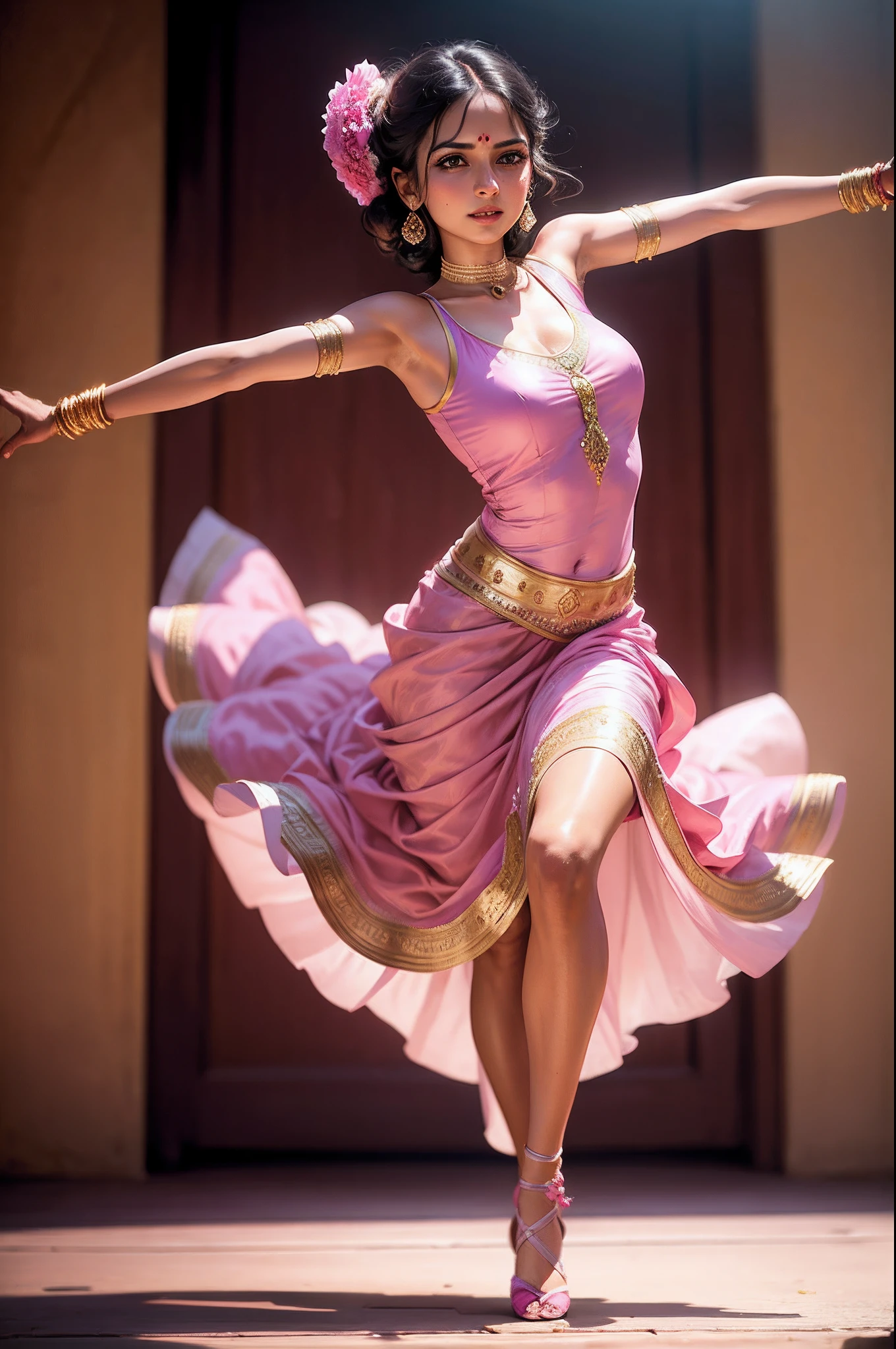 arafed woman in a pink dress, classic dancer, india, playful pose, dynamic dance photography, beautiful and graceful, as though she is dancing, photo taken with nikon d750