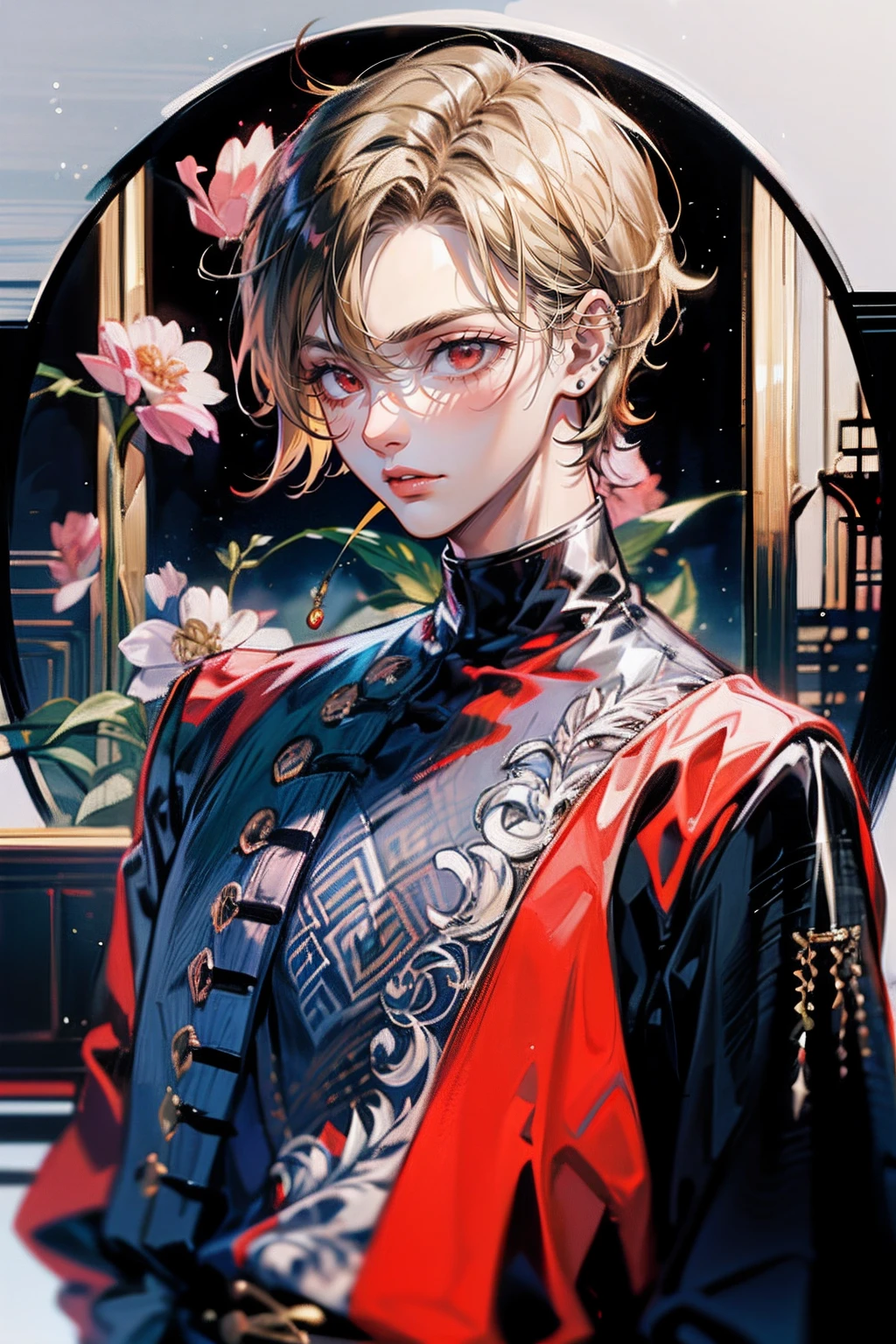((masutepiece: 1.4, Best Quality,Delicate)), Very short blonde hair、Red Eyes,(1Man Youth:1.3), Delicate hair, (Big black high-neck clothes hide the mouth:1.3),piercings, Night background,outline