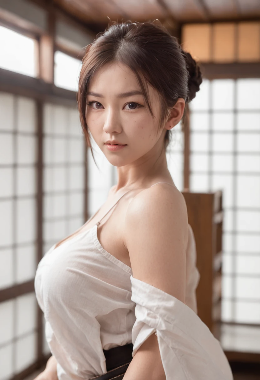 Masseter muscle area, highest quality, masterpiece, High resolution, Photorealistic, Raw photo, 8K Wallpaper, perfection, Professional Lighting, Very detailed, Depth of written boundary,Pale plain background, ((Japanese mature woman in her 70s)), Chubby body type, Women's Sexy, Detailed face, Beautiful Eyes, Wrinkles around the eyes, Big and ample breasts, protruding nipples, Brown short hair, Big Nose, Wide forehead, ((Stand facing the center of the screen, Staring at the audience, Serious face)),Knitwear, Feet sticking out of the frame, Watching the audience, Cowboy Shot