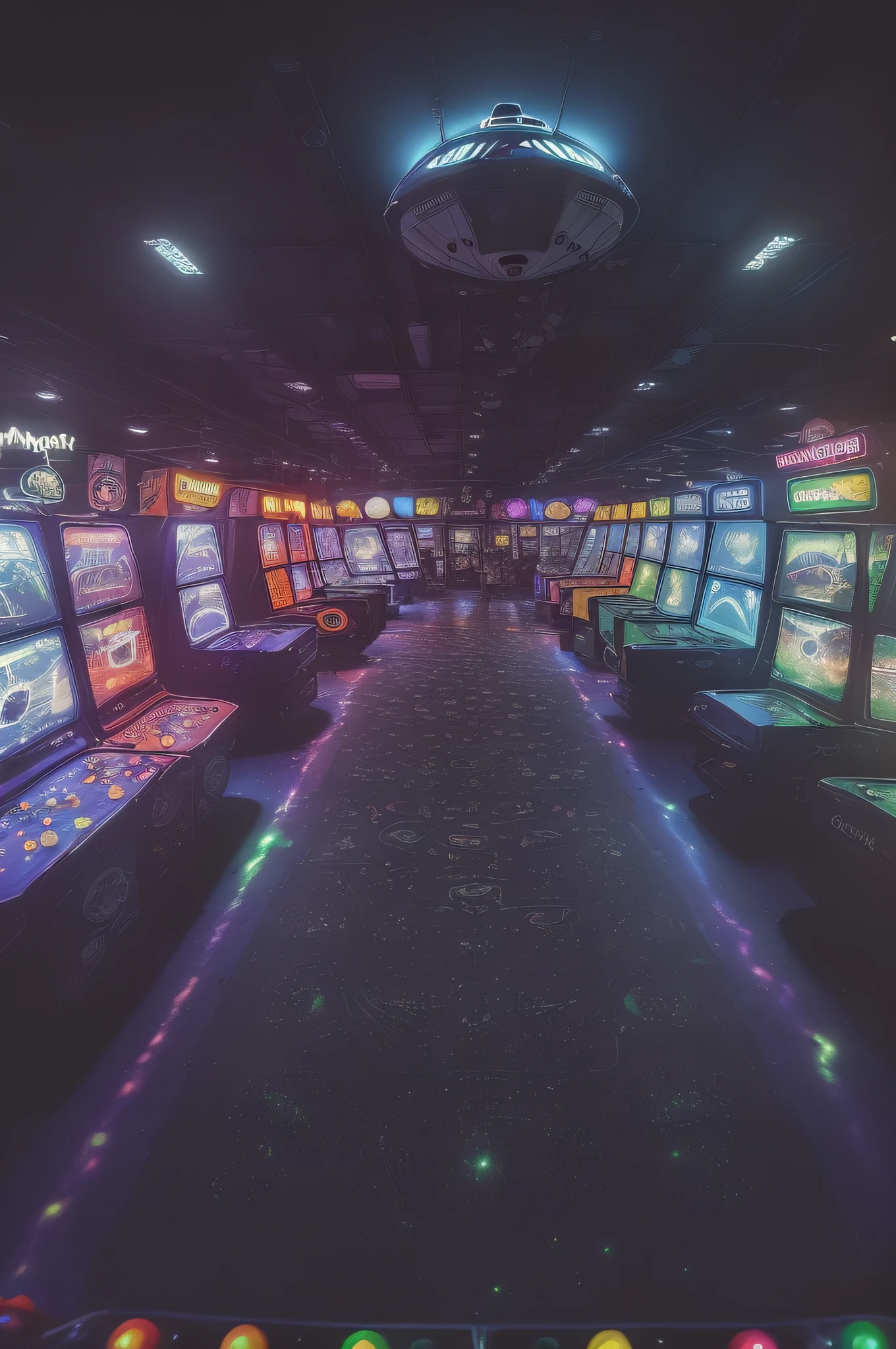 ((deep in the night、mid night、early dawn))、((No person、with no people、unmanned))、((Game Center、colourfull、UFO Catcher))、((Nostalgic but unsettling photos、Images in a dream、In a dream、image))、Wide Shot, ultra wide-angle,