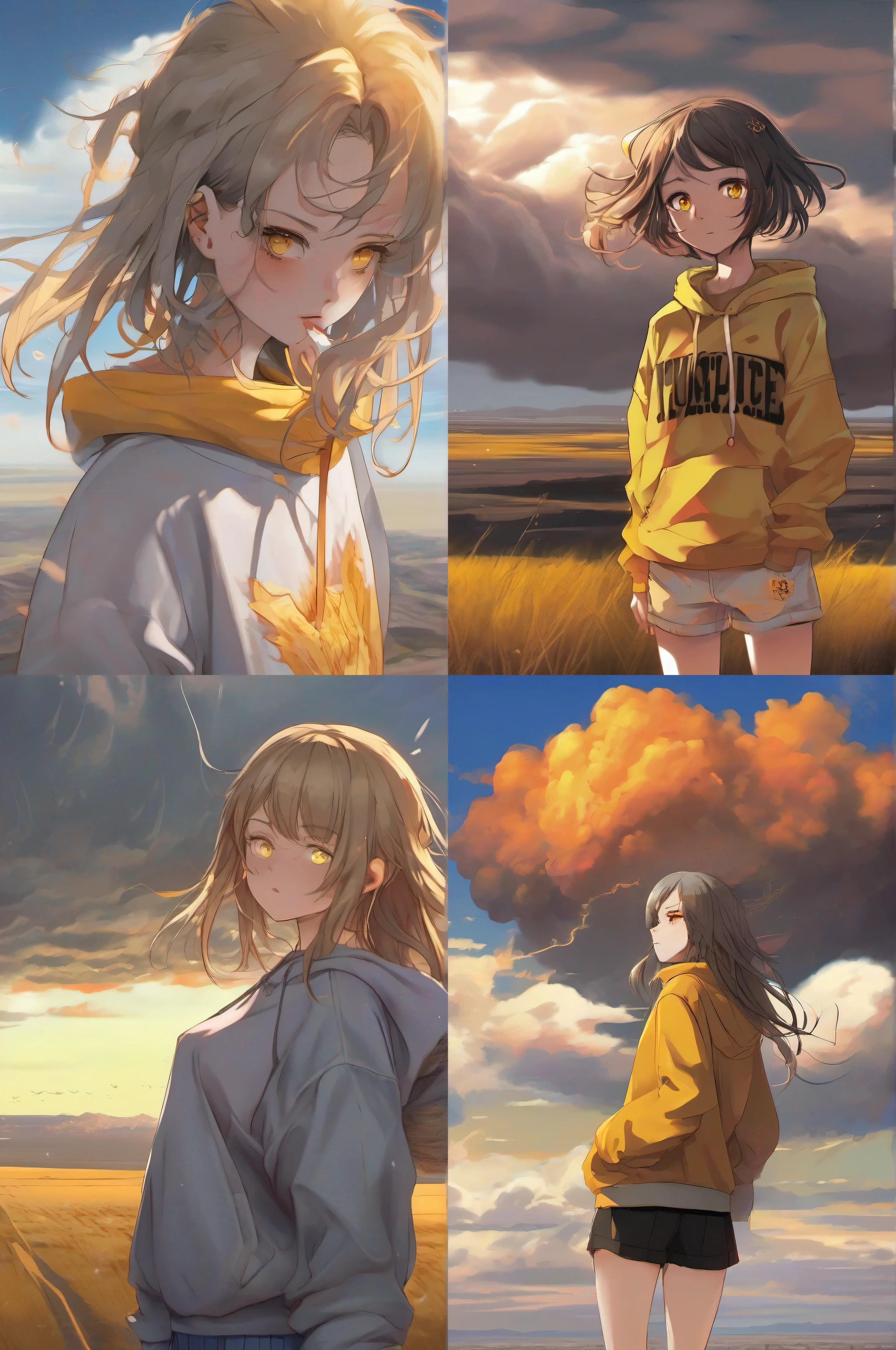 tmasterpiece，top-quality，Doomsday wasteland，Burning clouds，Beautiful，Top composition，Teenage girl in a sweatshirt，Look sideways ahead，It's bleak，Hair flutters in the wind，Vast，distant horizon，yellow eyes