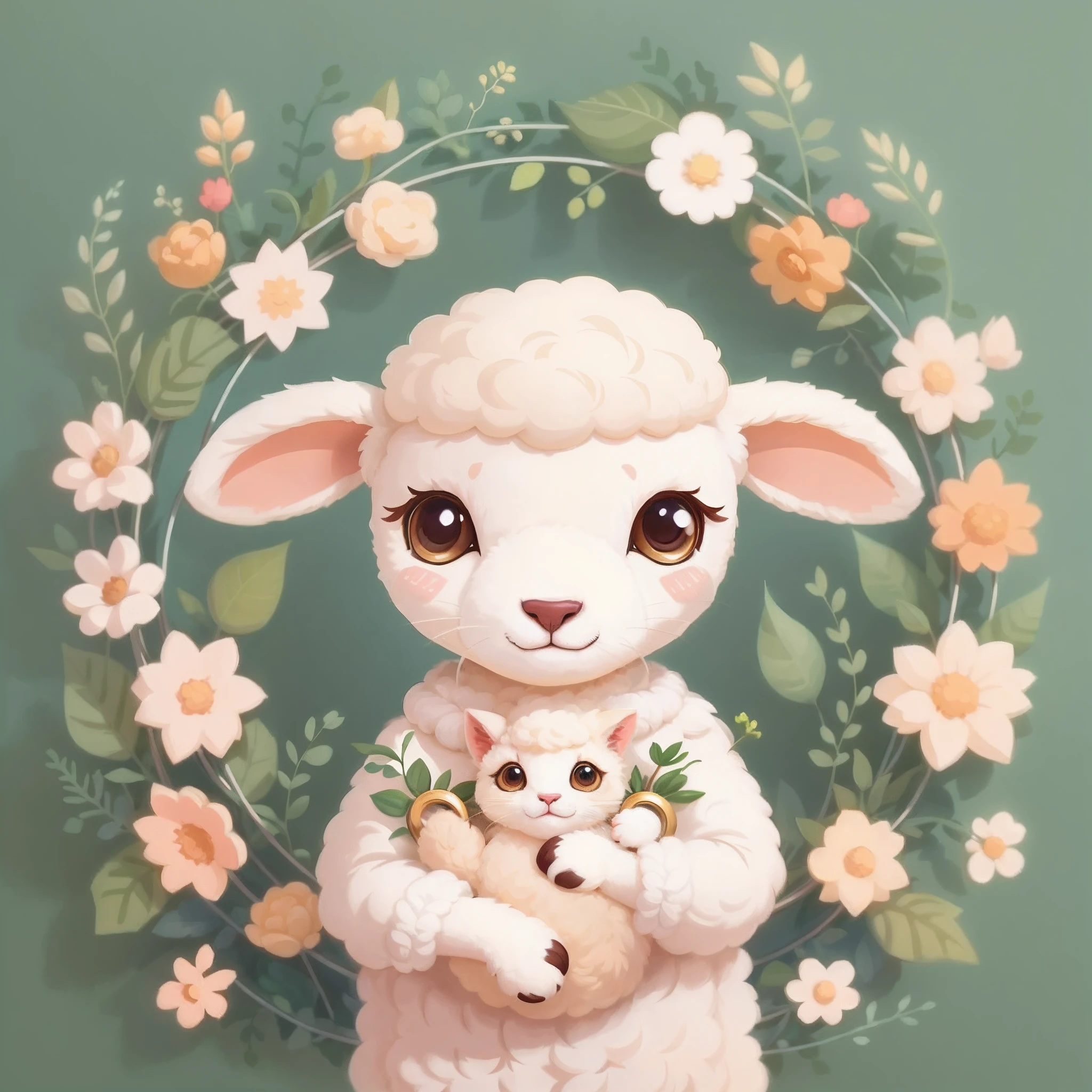 Anthropomorphic （sheeps）,Cute,Hoops, plant, Holding a kitten in both hands.,Vector illustration, Flat illustration, illustration, 。.。.ai, trending on artstationh, Popular in dribbling, cozy wallpaper, Intricate, High quality, soothing tones, Intricate details