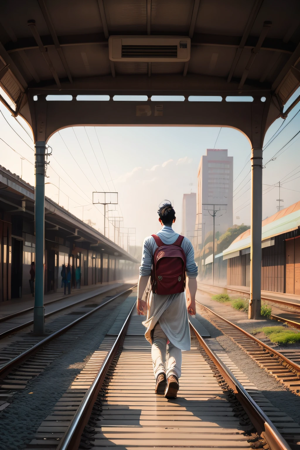A MAN WALKIN ON RAILWAY IN RAINE DAY