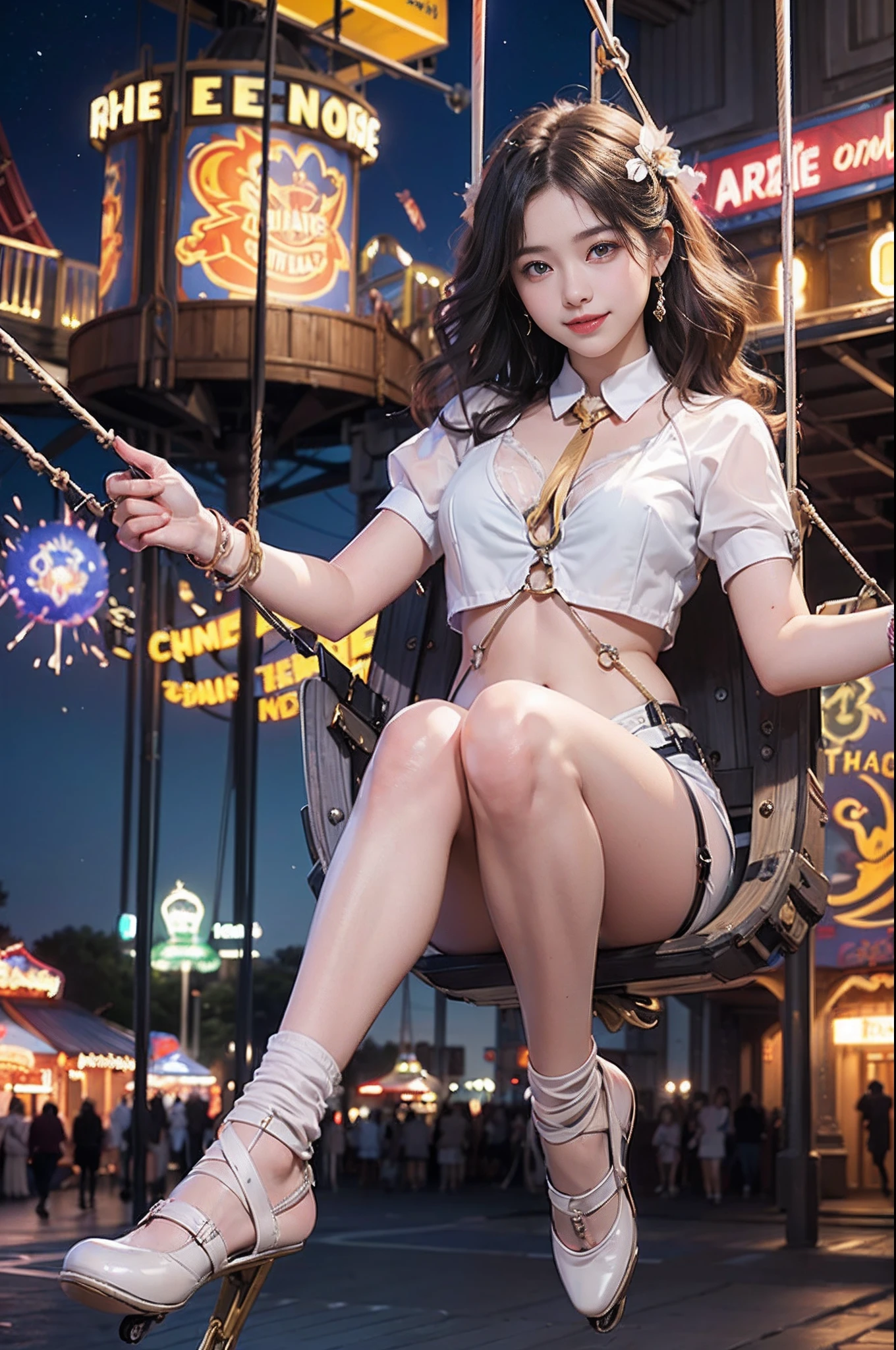 (8K、top-quality、超A high resolution、masterpiece:1.2)、(Photorealsitic:1.4)、(detailed skins:1.3)、1人、Beautiful model at 18 years old、Perfect Style、Beautiful Japan actress、Fashionable clothing、Trendy clothes、(Detail Eye) 、A smile、(Night amusement park、Lit up、illuminations)、Luminous balloon、Happiness、the Ferris wheel、rollercoaster、Elaborate CG 8K wallpapers、dynamicposes、full body Esbian、beautiful lighting、profetional lighting、(foco nítido)、(Ride on the amusement park trapeze:1.6)