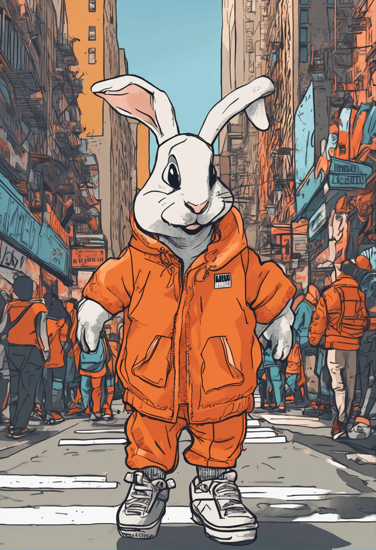 (masterpiece, high resolution, official art:1.2), Hypebeast Baby Bunny, (adorable:1.2), anthropomorphic, wearing vibrant orange Balenciaga streetwear, oversized hoodie, matching sneakers, street-savvy style, confidently strolling down a bustling Manhattan street, (cinematic:1.3), cityscape backdrop, skyscrapers towering above, neon signs, bustling crowd of New Yorkers, (sunny urban day:1.1), sunlight casting dynamic shadows, baby bunny with expressive eyes, playful smirk, (urban cool:1.2), headphones around the neck, music in the air, capturing the essence of youthful energy and street fashion in the heart of the city that never sleeps.