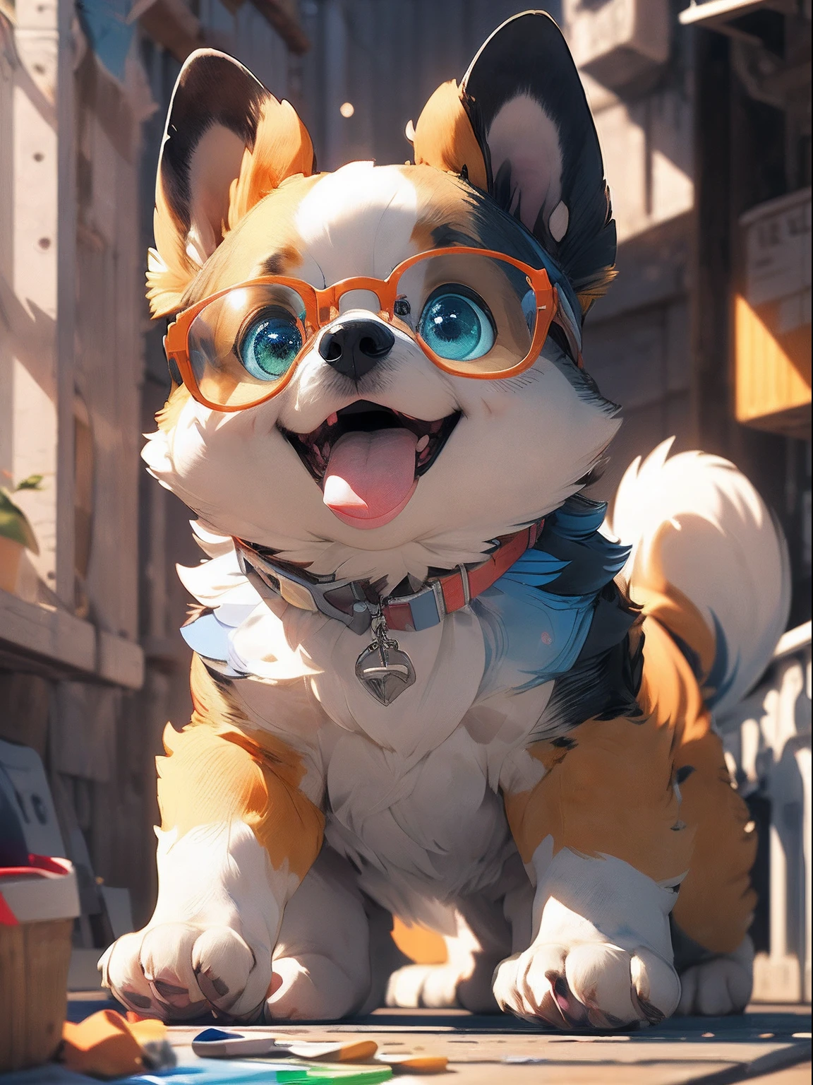 (Masterpiece:1.2, high quality),dog, cute dog, fluffy, glasses, big round eyes, full of color, splash of paints, cairn terrier, pixar,( big eyes:1.2), (happy:1.2), smile, 3d render, 8k, 4k, (colorful:1.4), orange, yellow, red, blue, green, purple, rainbow