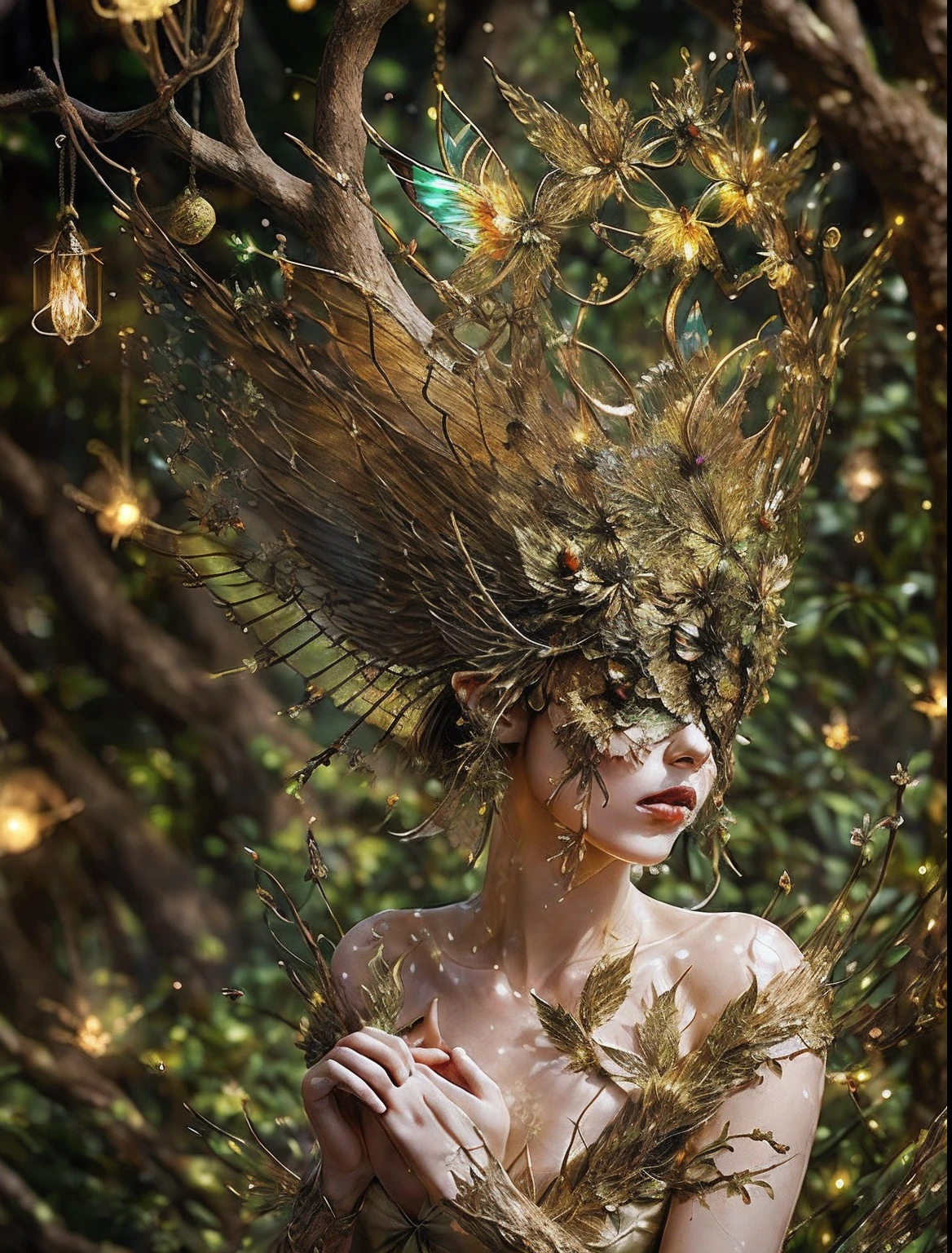 masterpiece, 1fairy, a flying female fairy, perfect face, light, glass tree forest, dramatic lighing,  blindfold, ultra detailed, floating glow lights, depth of field, (shining dust)