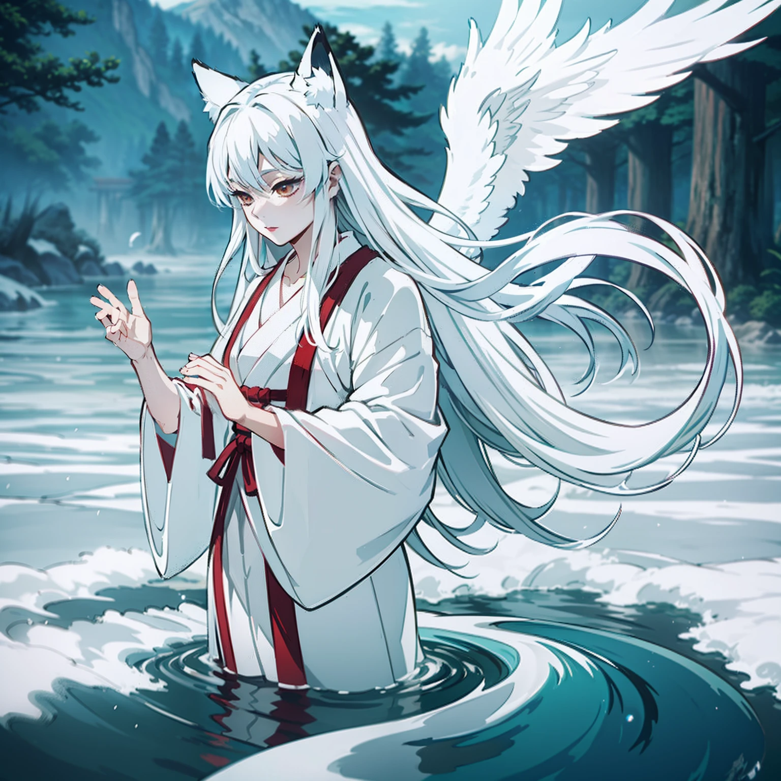a beautiful and ethereal fox spirit dressed in a flowing white Chinese robe. The image captures the fox spirit standing gracefully on the water's surface, surrounded by white clouds and mist that lend an otherworldly quality to the scene. The fox spirit's long white hair and robes are swept up by the wind, adding movement and fluidity to the image. Use Midjourney's advanced brush tools to create intricate folds and textures in the fox spirit's robes and hair, and experiment with different color palettes and brush strokes to bring out the ethereal quality of the scene. The fox spirit's beauty is further enhanced by the way her image is sometimes obscured by the surrounding mist, giving the scene a sense of mystery and enchantment. With Midjourney's powerful tools, you can bring this captivating and ethereal scene to life with incredible detail and beauty.
hdr, (photorealism, masterpiece quality, best quality), , pureerosface_v1,ulzzang-6500-v1.1,