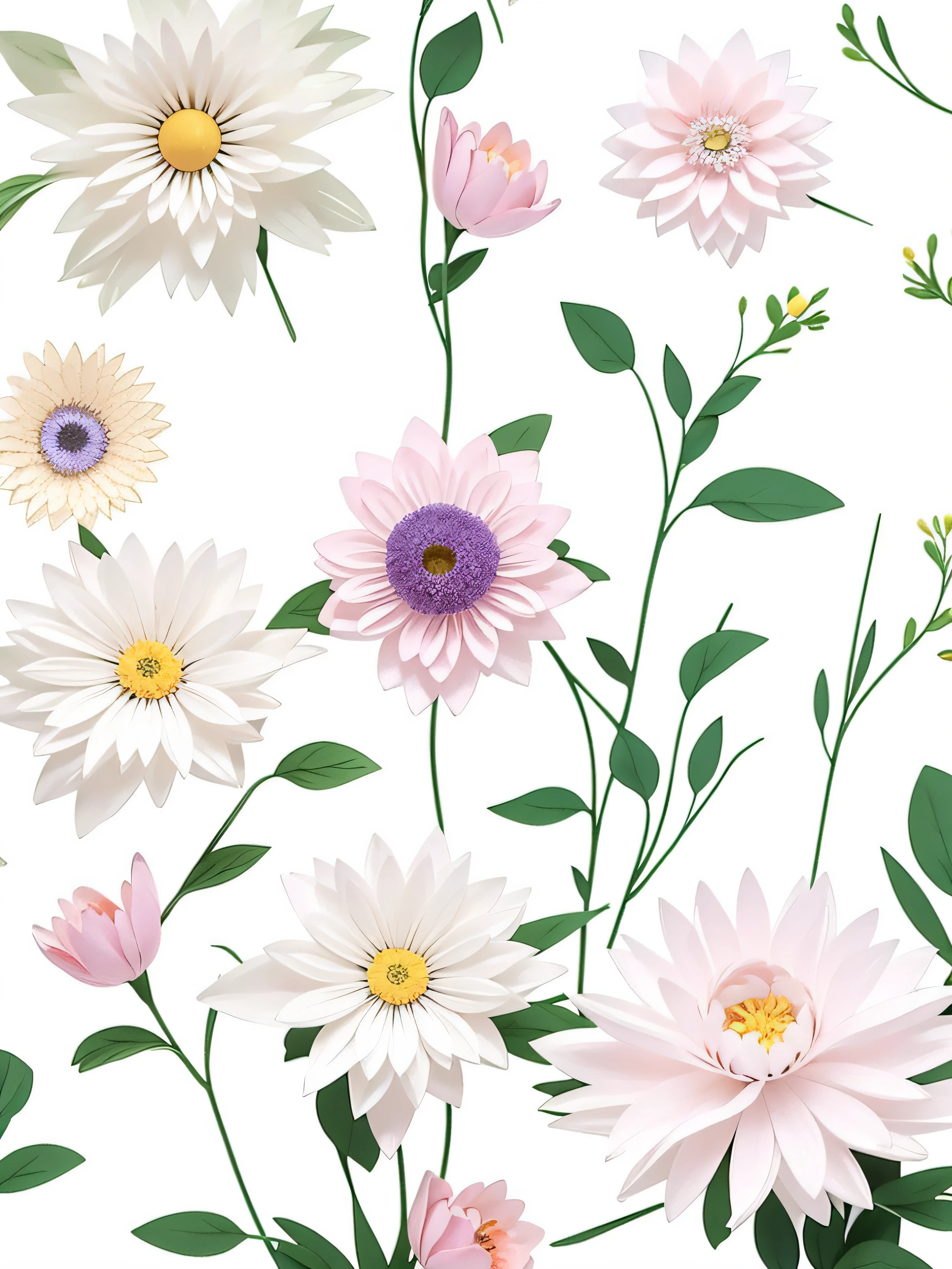 White background with colorful flowers and leaves, pastel floral background, garden flowers pattern, colorful floral flowers, delicate garden on paper, delicate designs,