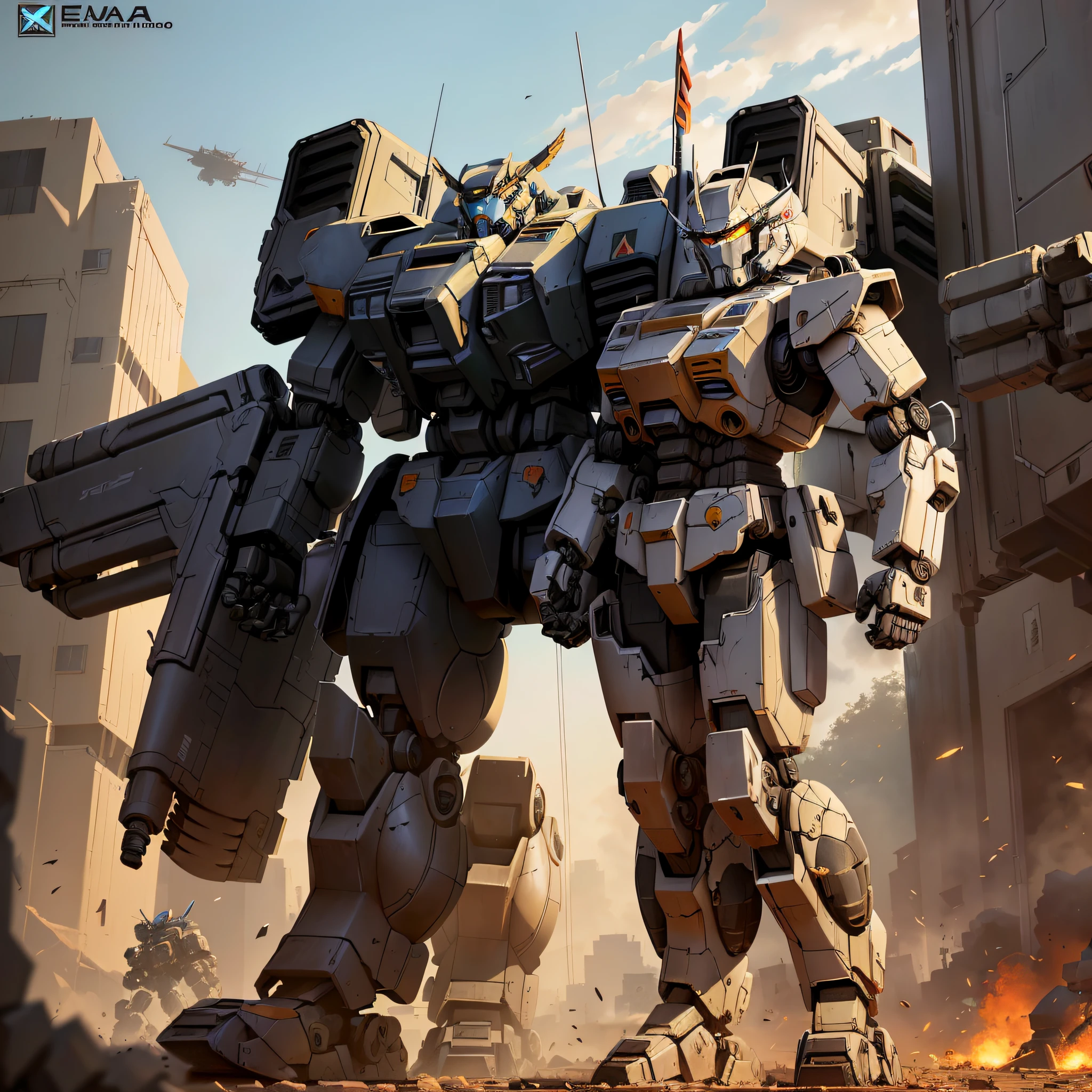 Hay un gran robot parado frente a un edificio, Arte mecha, Alexander Mecha Blanco, Alejandro Ferra Mecha, Inspirado en mechas, comic book style battlemech, Estilo Battletech, Estilo Cool Mecha, Lucha de soldados y mech, Battlemech, Anime mecha moderno, # mecha, Mechs de guerra luchando, mecha