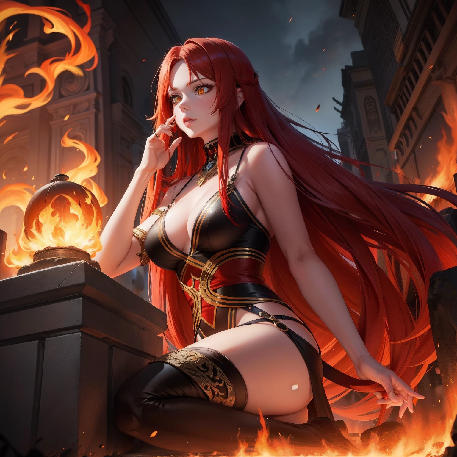 Adult beautiful woman, red long hair,             yellow eyes, glowing eyes, fire, ancient,         controll fire, exotic, mysterious