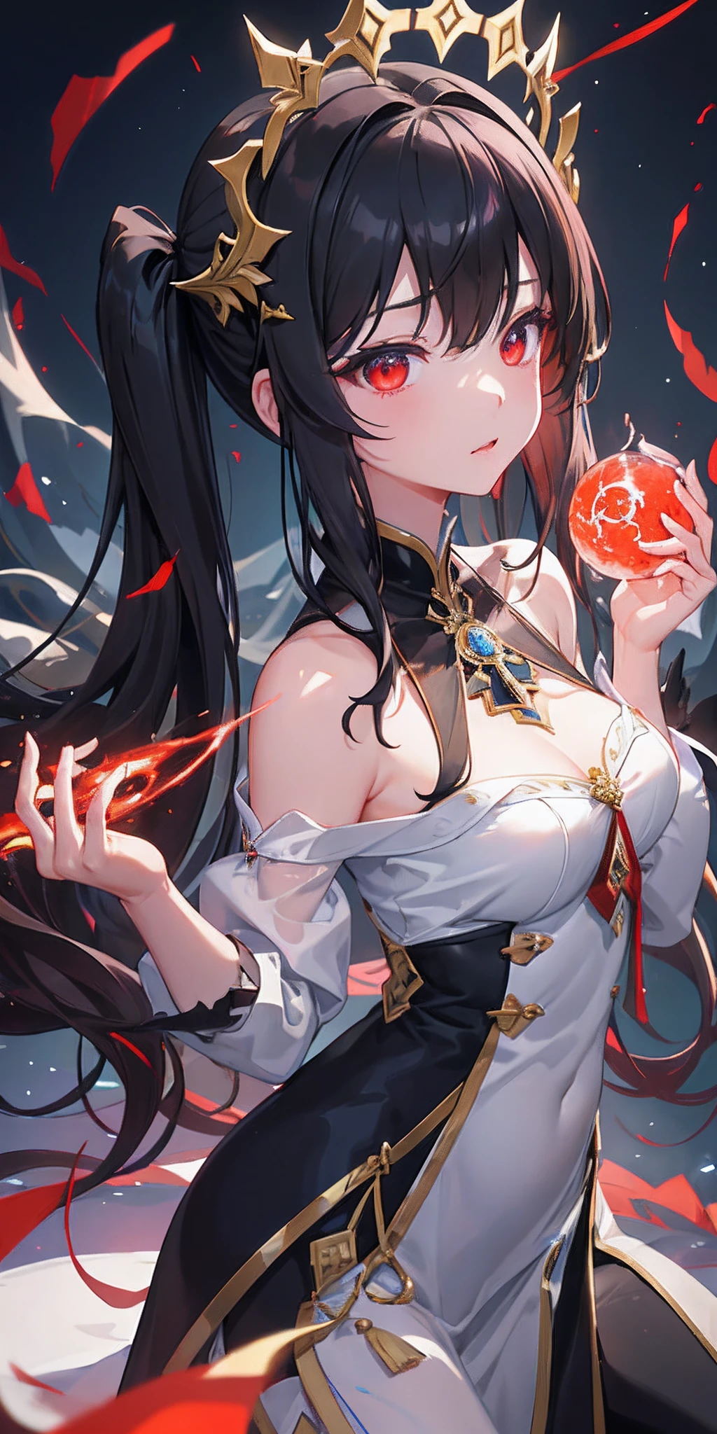 Beautiful girl with black hair black dress open shoulder red magic cast Circling around the sea, mixed with glass and space.
