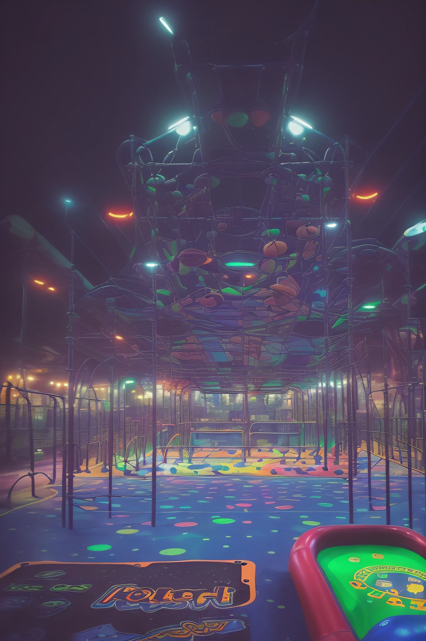 ((deep in the night、mid night、early dawn))、((No person、with no people、unmanned))、((Game Center、colourfull、Lots of playground equipment))、((Nostalgic but unsettling photos、Images in a dream、In a dream、image))、Wide Shot, ultra wide-angle,
