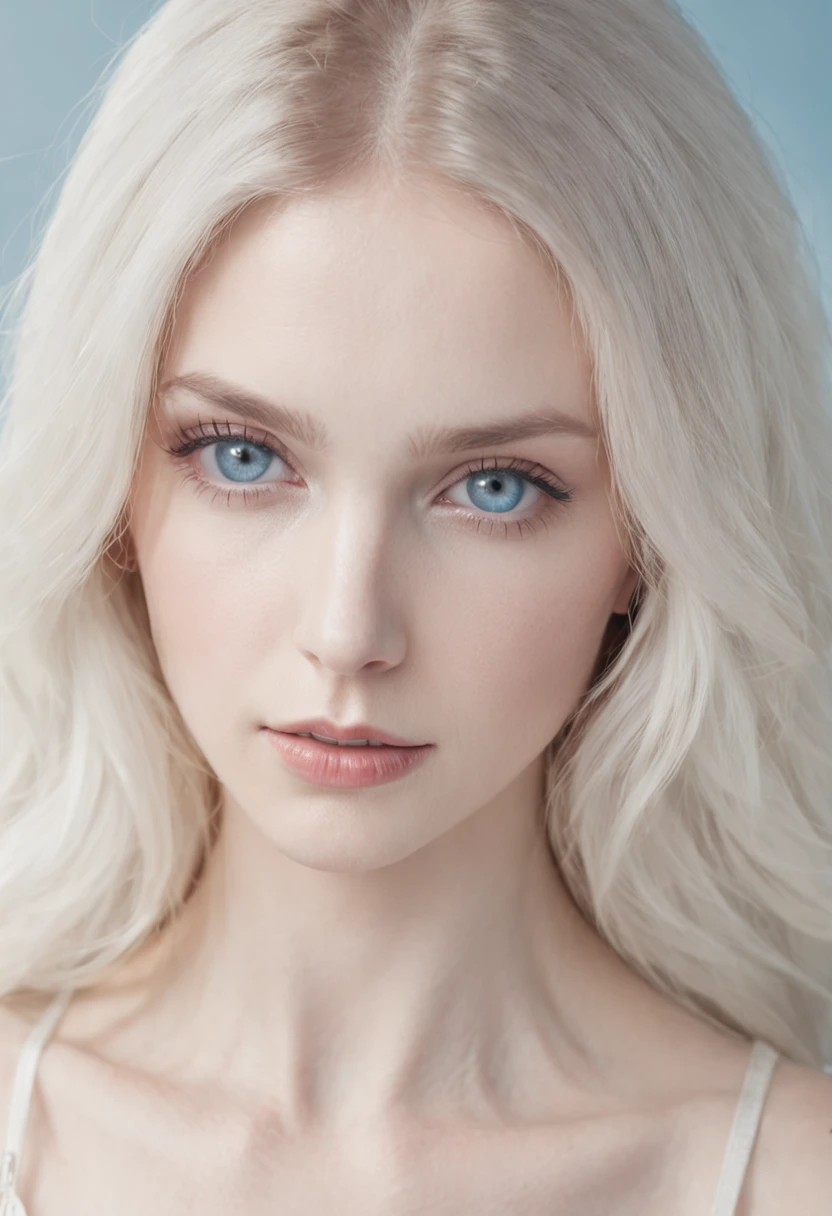 Blonde woman with blue eyes and white bra top poses for photo, wear bikini, pale bluish skin, inspired by ana de armas, ethereal beauty, color portrait, beautiful pale makeup, pale blue eyes, pastel blue eyes, pale blue skin, incredibly ethereal, a stunning young ethereal figure, bright pale blue eyes, Stunning portrait, Ethereal hair, editorial portrait, blue tone、Russian woman、Views of Russia