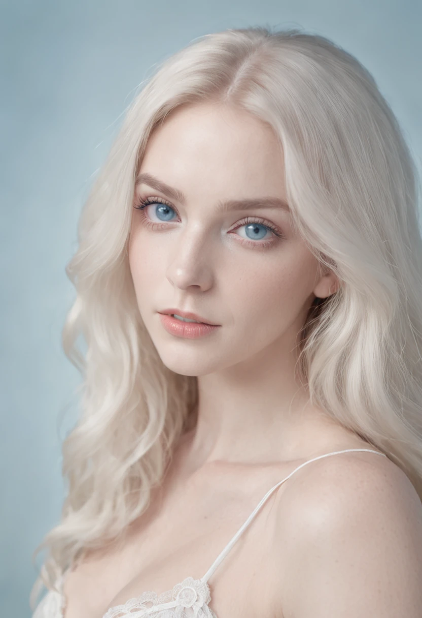 Blonde woman with blue eyes and white bra top poses for photo, wear bikini, pale bluish skin, inspired by ana de armas, ethereal beauty, color portrait, beautiful pale makeup, pale blue eyes, pastel blue eyes, pale blue skin, incredibly ethereal, a stunning young ethereal figure, bright pale blue eyes, Stunning portrait, Ethereal hair, editorial portrait, blue tone、Russian woman、Views of Russia
