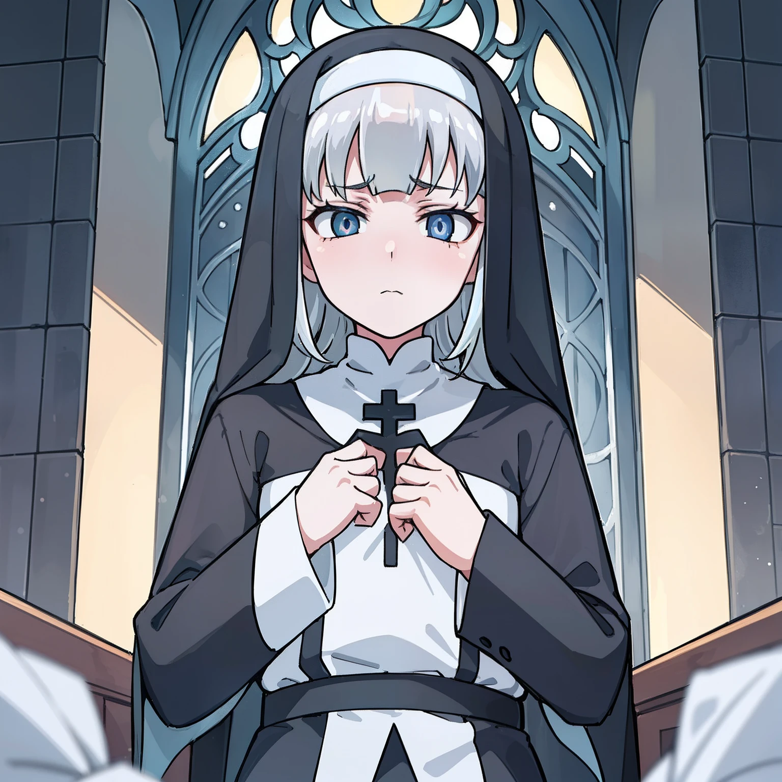 masterpiece, best quality, ultra-detailed illustration (((priest, young man,))) nsfw, tucking up the hem of his dress to show his crotch, small penis, erection, blush, expression of shame