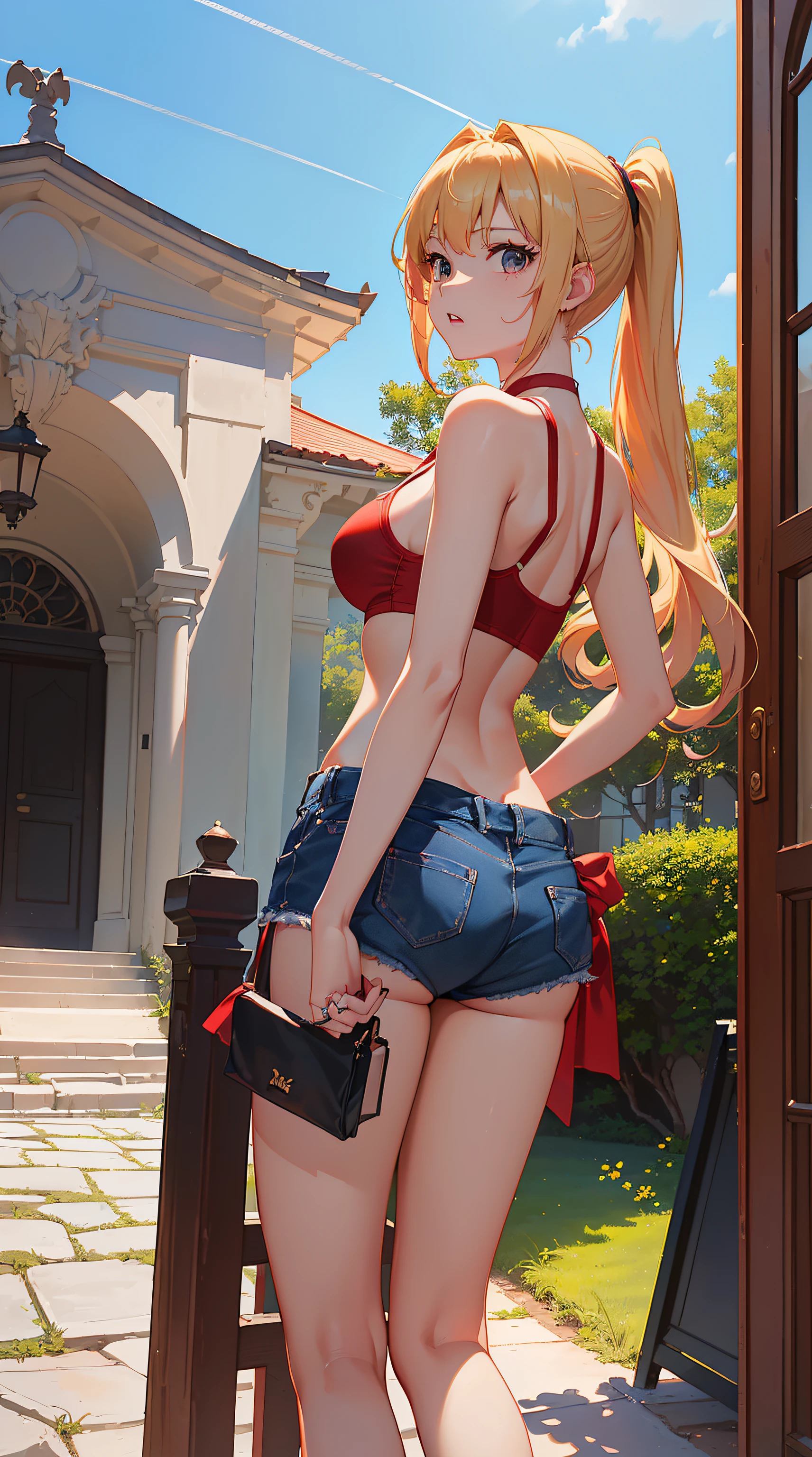top-quality、Top image quality、masterpiece、s girl((18year old、Red Sports Bra、Blue shorts、Best Bust、Bust 90、a blond、poneyTail、Breasts wide open,cleavage of the breast、Black eye、Turn around from behind))hiquality、visualart、Background with((In front of the entrance))
