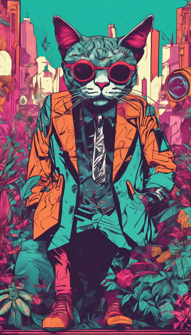 funkypop,wide shot,(anthropomorphism art,future fashion style:1.25),male furry cat wearing pop art fashion with Abbasid Caliphate color design,cat ears,cat tail,above knee portriat,Sunglasses,top hat,bloomcore cyberpunk suit,biophilic design plant background,commercial art,cyberdelic,decopunk,digital art,