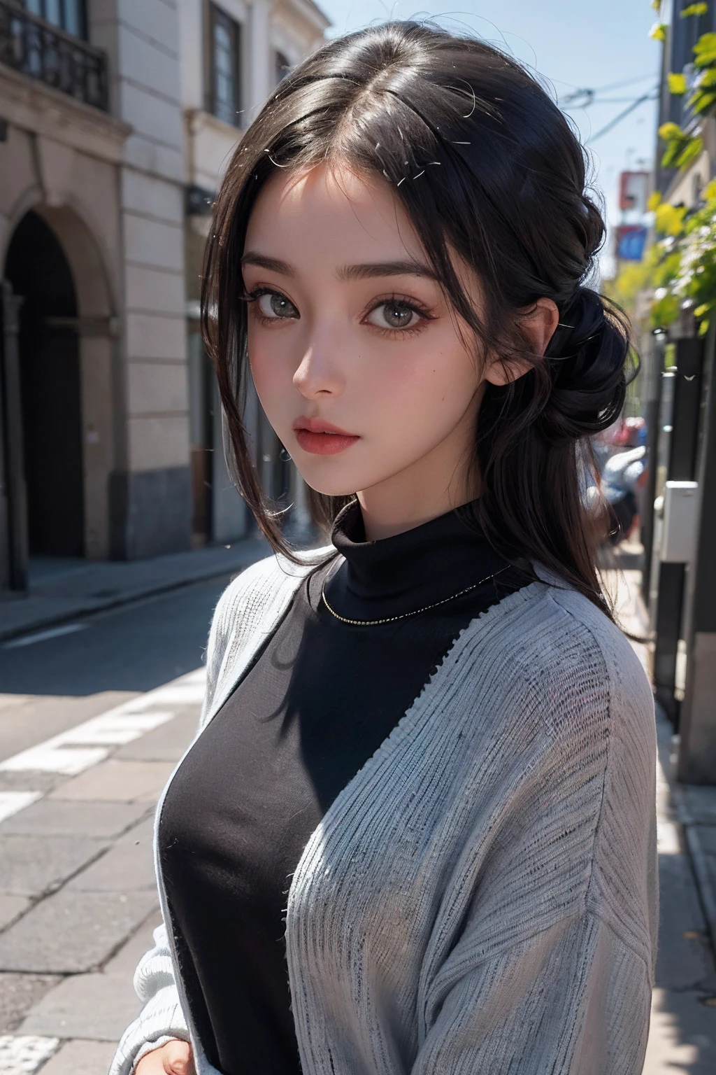 (obra-prima: 1.3), (8k, fotorrealista, foto RAW, melhor qualidade: 1.4), (1girl), rosto lindo, (rosto realista), (cabelo preto, cabelo curto: 1.3), penteado lindo, cabelo partido ao meio, olhos realistas, olhos detalhados, serious look, (pele realista), pele bonita, (pullover), absurdos, atrativos, ultra high-resolution, ultra realista, altamente detalhado, proportion Aurea, luz de cinema, roupa casual, fundo desfocado