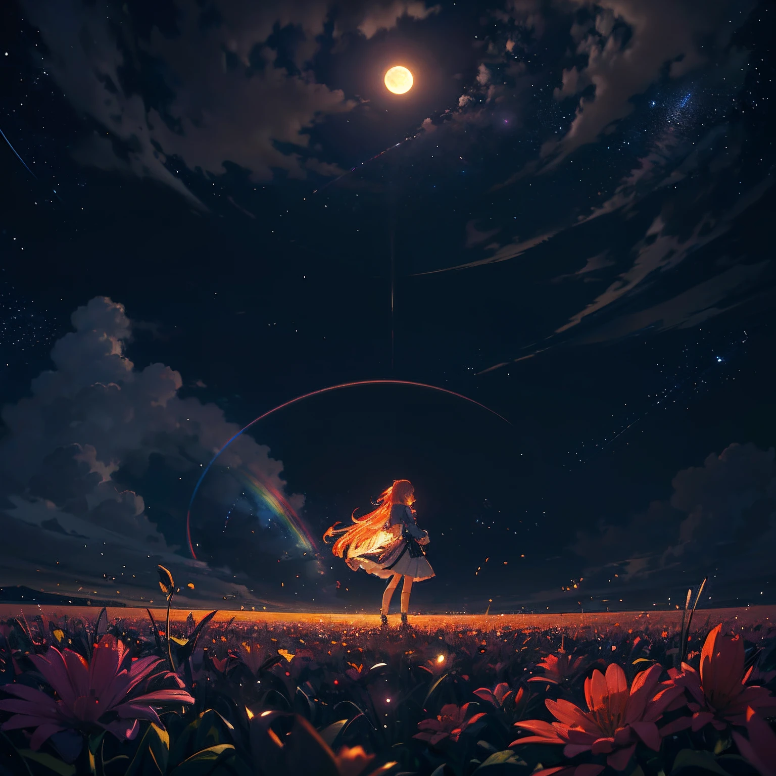 A wide landscape photo, (viewed from below, the sky is above, and the open field is below), a girl standing on a flower field looking up, (full moon: 1.2), (meteor: 0.9), (nebula: 1.3), distant mountains , Trees BREAK Crafting Art, (Warm Light: 1.2), (Firefly: 1.2), Lights, Lots of Purple and Orange, Intricate Details, Volumetric Lighting BREAK (Masterpiece: 1.2), (Best Quality), 4k, Ultra Detailed, (Dynamic Composition: 1.4), Rich in Detail and Color, (Rainbow Color: 1.2), (Glow, Atmospheric Lighting), Dreamy, Magical, (Solo: 1.2) --auto