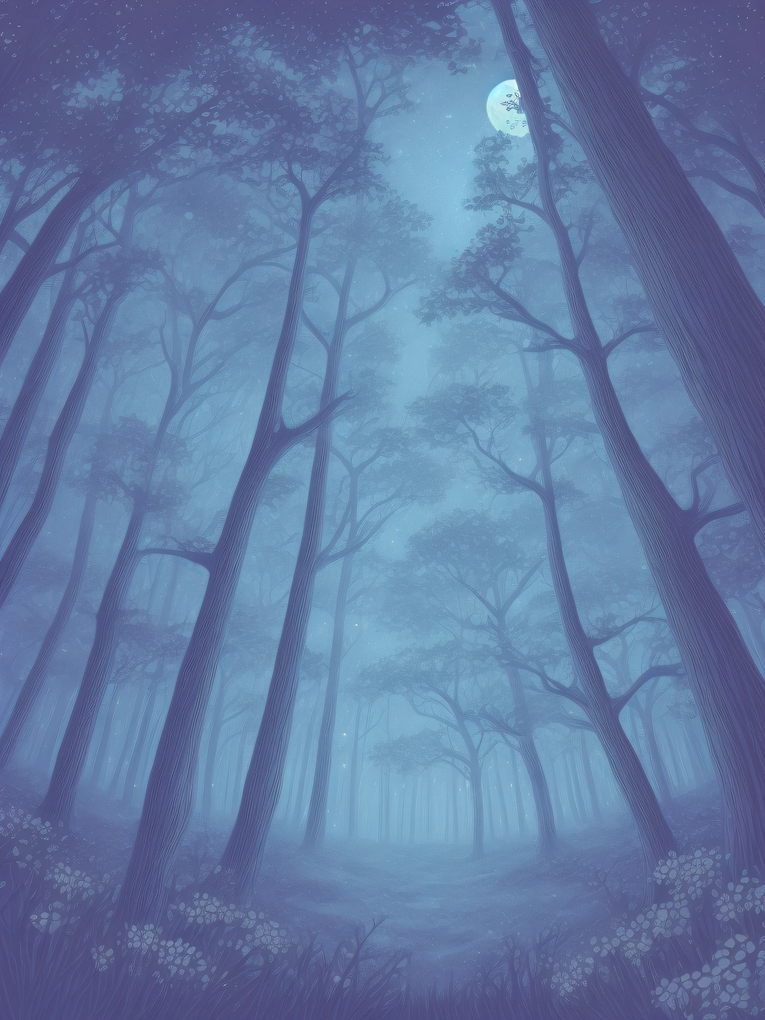 magical forest Late night forest with space in the center picture book-style illustratio