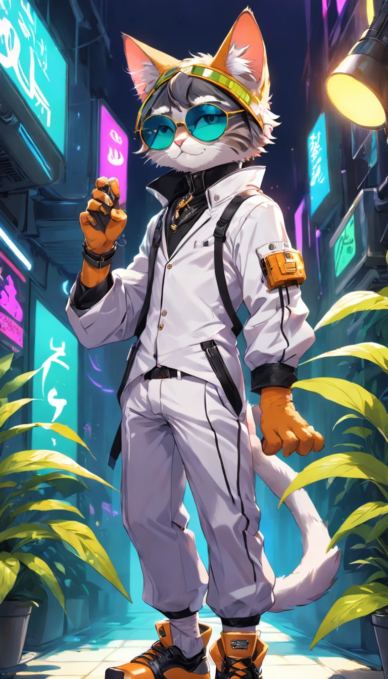 funkypop,wide shot,(anthropomorphism art,future fashion style:1.25),male furry cat wearing pop art fashion with Abbasid Caliphate color design,cat ears,cat tail,above knee portriat,Sunglasses,top hat,bloomcore cyberpunk suit,biophilic design plant background,commercial art,cyberdelic,decopunk,digital art,