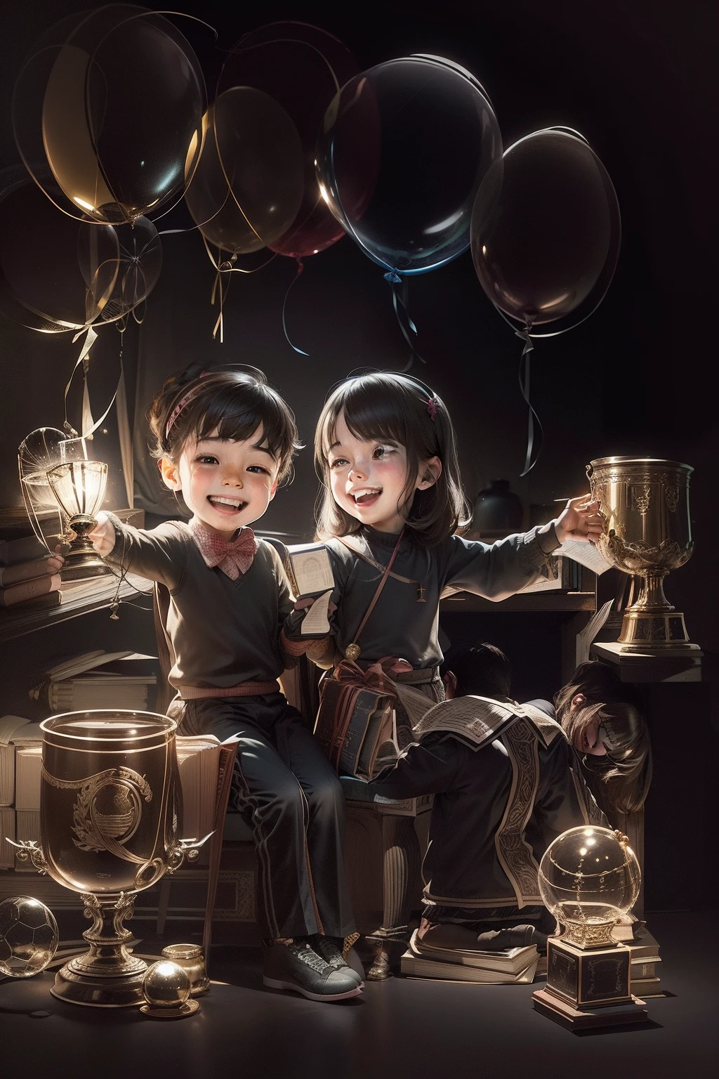 Two happy children with their trophies, cuadernos, libros, trofeo de ajedrez, trofeos de deportes, festejando con globos y mixtura