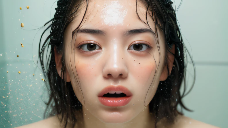 (table top、highest quality、8k、Award-winning work、ultra high resolution)、one beautiful woman、(soaking wet nude:1.1)、(soaking brown:1.2)、(soaking wet hair:1.2)、(Perfect and classy wet long hair:1.1)、(Drenched and shiny hair:1.2)、(the wettest skin:1.2)、(Super high-definition fine real water splashes:1.2)、(完璧で最も自然なultra high resolutionの水しぶき:1.2)、small cleavage、bright and glossy lipstick、Very long wavy hair、(The saddest expression stares at me:1.2)、(完全にclosed lips:1.2)、(Reproduce the most beautiful face with perfect balance in ultra-high definition:1.2)、slender body、(wet and shiny skin:1.2)、(Woman wetting her whole body:1.2)、(close up of face:1.6)、(The simplest bathroom tile wall background:1.1)、Standing against a tile wall background、(Strongly blurred background:1.1)、accurate anatomy、ultra high definition hair、(closed lips:1.2)、Ultra high definition beauty face、ultra high definition hair、輝くultra high resolutionの美肌、ultra high resolutionの艶やかな唇、(Face covered with a large amount of semen:1.6)