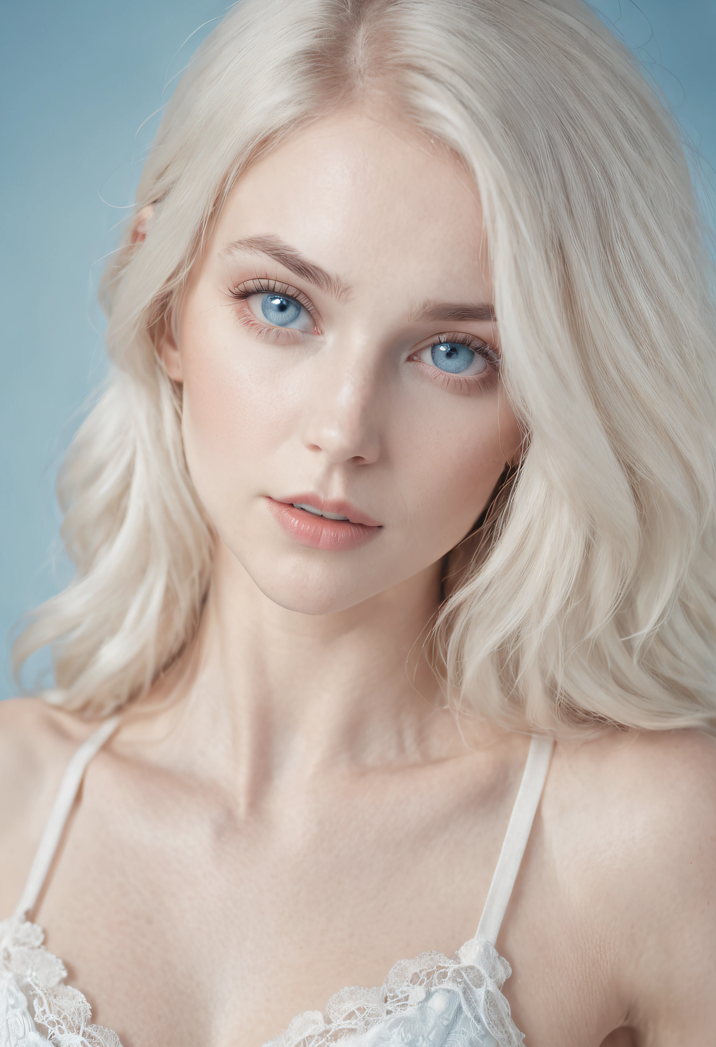 Blonde woman with blue eyes and white bra top poses for photo, wear bikini, pale bluish skin, inspired by ana de armas, ethereal beauty, color portrait, beautiful pale makeup, pale blue eyes, pastel blue eyes, pale blue skin, incredibly ethereal, a stunning young ethereal figure, bright pale blue eyes, Stunning portrait, Ethereal hair, editorial portrait, blue tone、Russian woman、Views of Russia