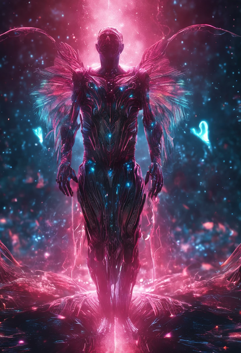cosmic fallen angel, glowy eyes, biomechanical, eerie, creepy, nightmarish, very bright colors, light particles, bioluminescence, Mschiffer, wallpaper art, UHD wallpaper