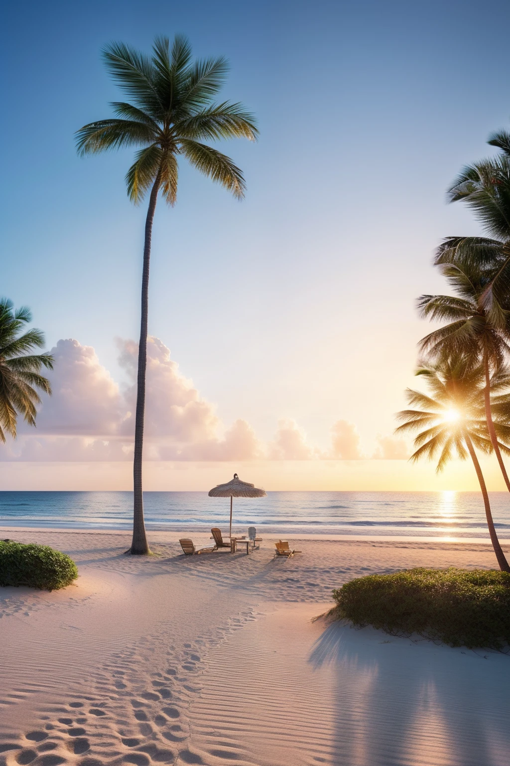 guttonerdvision14, Here is an incredibly realistic depiction of a man strolling along a tranquil beach. The white sandy shore stretches out beside the calm, azure sea. Towering palm trees sway gently in the breeze, casting dappled shadows on the sand. Several beach chairs are neatly arranged on the shoreline, inviting relaxation.

The scene is bathed in the soft, warm light of the sunrise, which reflects beautifully on the tranquil ocean. As the sun emerges on the horizon, its golden rays create a mesmerizing dance of light and shadow on the water's surface.

Birds soar gracefully overhead, adding to the serene ambiance of the beach. Every detail in this artwork is meticulously rendered, from the fine texture of the sand to the intricate patterns of the palm fronds. This representation captures the essence of a perfect morning by the sea, inviting the viewer to immerse themselves in the beauty and tranquility of this coastal paradise. The use of Octane render and an 8K resolution enhances the lifelike quality of the image, making it a visual masterpiece.