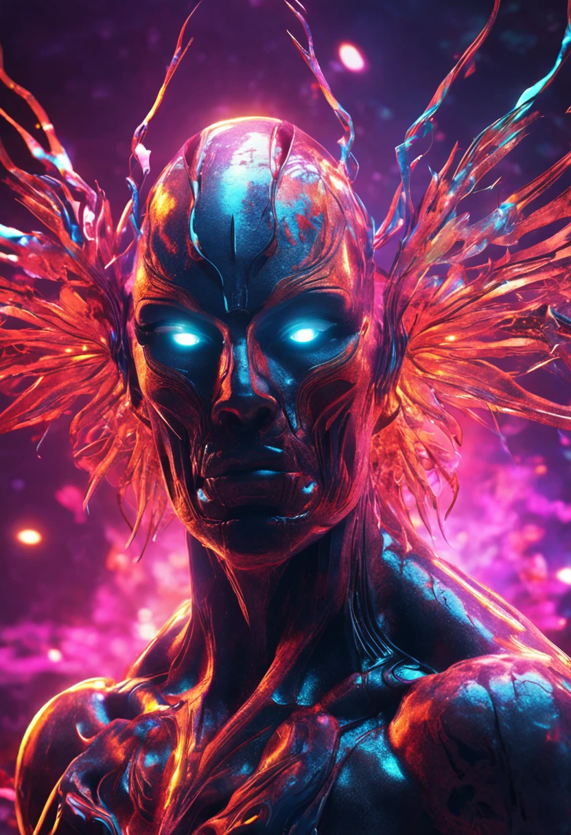 cosmic fallen angel, glowy eyes, biomechanical, eerie, creepy, nightmarish, very bright colors, light particles, bioluminescence, Mschiffer, wallpaper art, UHD wallpaper