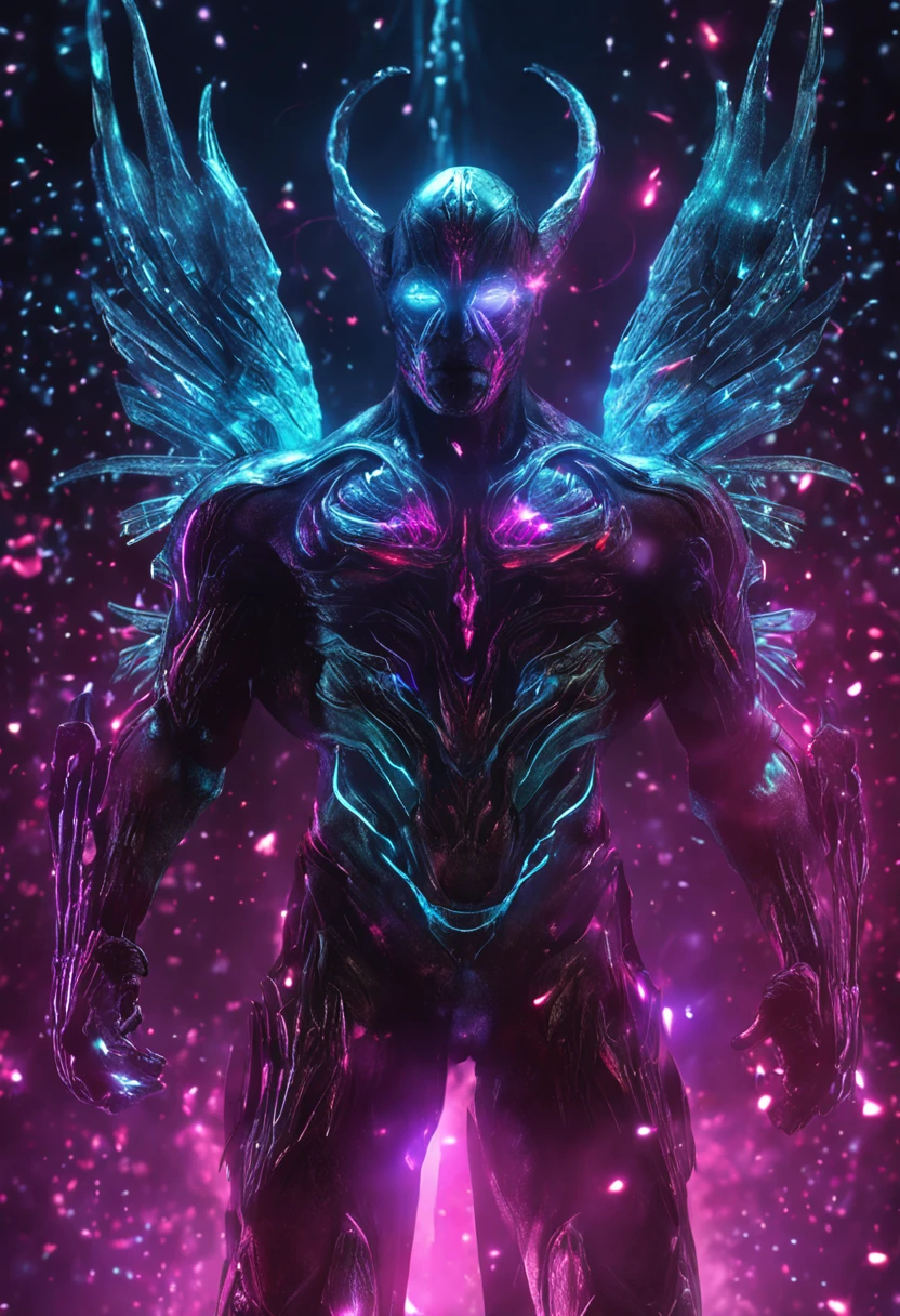 cosmic fallen angel, glowy eyes, biomechanical, eerie, creepy, nightmarish, very bright colors, light particles, bioluminescence, Mschiffer, wallpaper art, UHD wallpaper