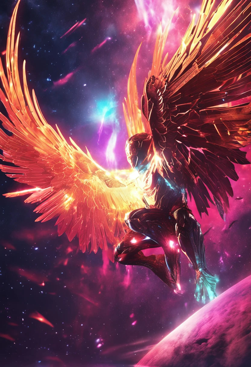 Cosmic Fallen Angel, glowing light eyes, Biomechanical, eerie, Creepy, nightmarish, Very bright colors, Light particles, with light glowing, Mshiff, wallpaper art, UHD wallpaper