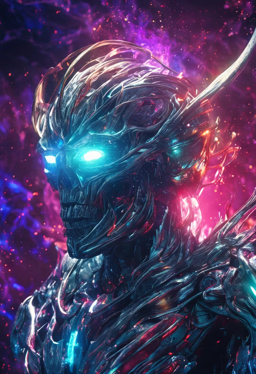 cosmic fallen angel, glowy eyes, biomechanical, eerie, creepy, nightmarish, very bright colors, light particles, bioluminescence, Mschiffer, wallpaper art, UHD wallpaper