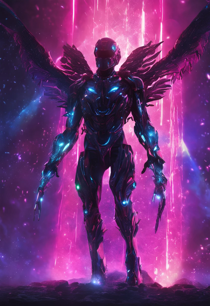 cosmic fallen angel, glowy eyes, biomechanical, eerie, creepy, nightmarish, very bright colors, light particles, bioluminescence, Mschiffer, wallpaper art, UHD wallpaper