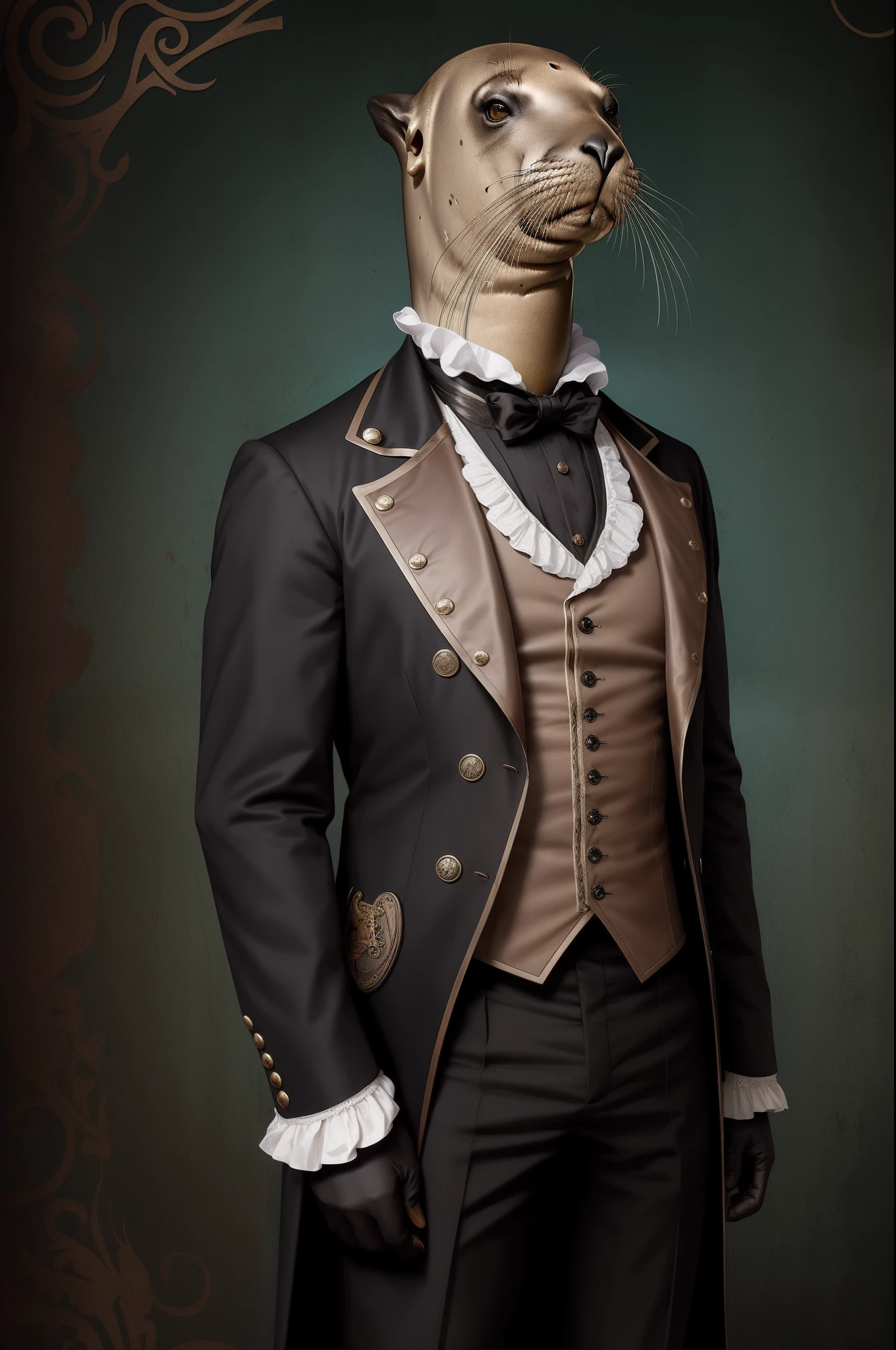 ((1sea lion animal)) dressed like a fashionableVictorian gentleman. Steampunk background. Highly detailed.