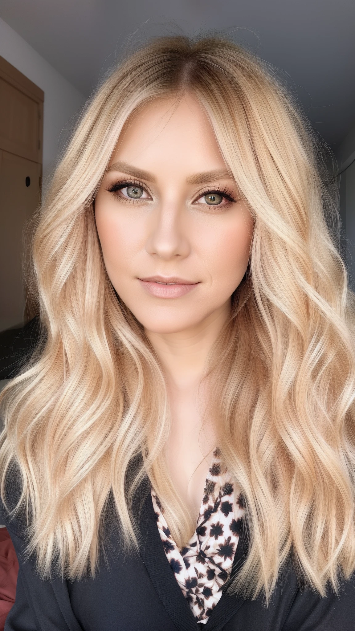 a woman 35 years old a woman with blonde hair and a red flower skirt, long blonde hair and large eyes, blonde hair and large eyes, in the bedroom picture, brunette with dyed blonde hair,
