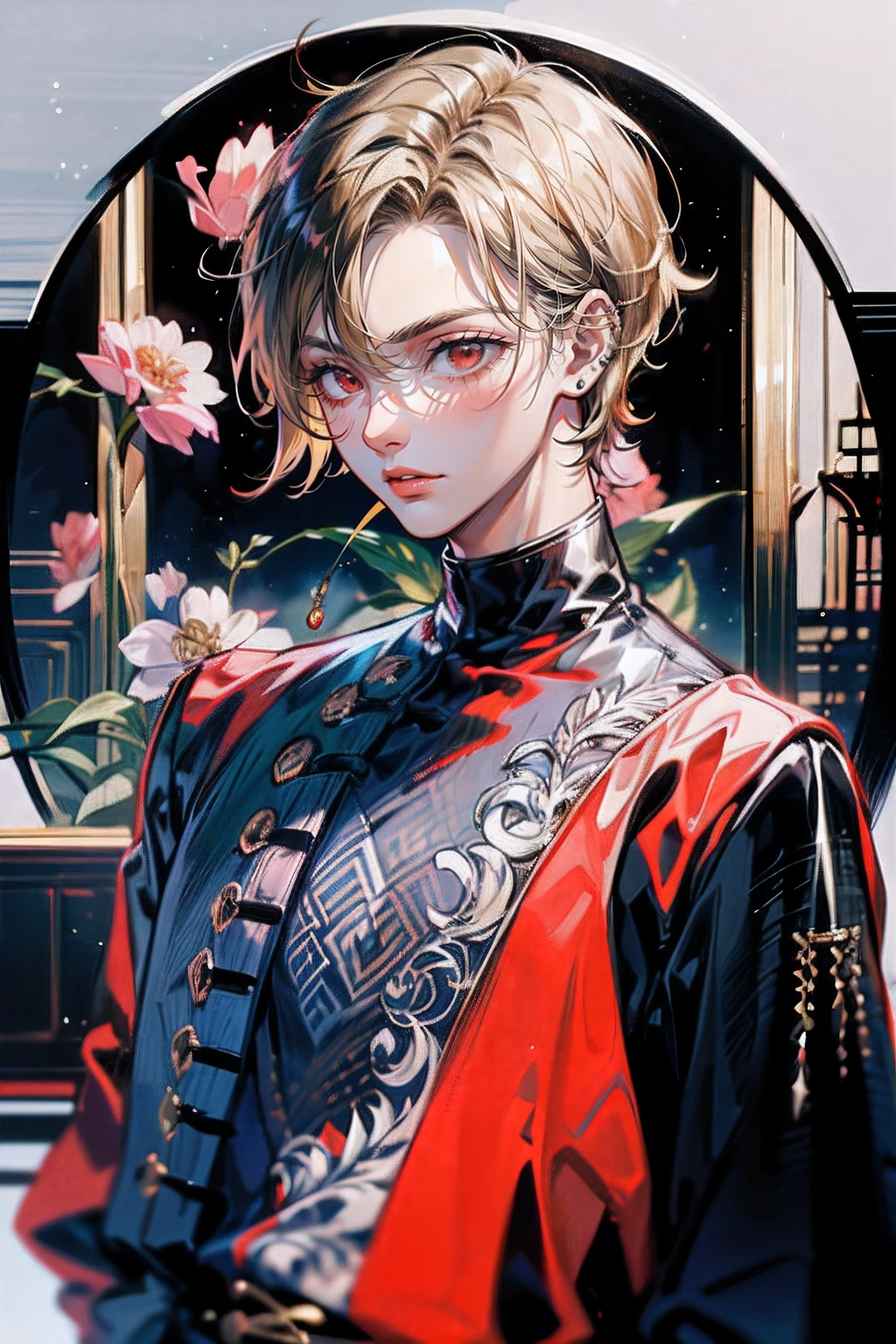 ((masutepiece: 1.4, Best Quality,Delicate)), Very short blonde hair、Red Eyes,(１Man Youth:1.3), Delicate hair, (Big black high-neck clothes hide the mouth:1.3),piercings, Night background,outline