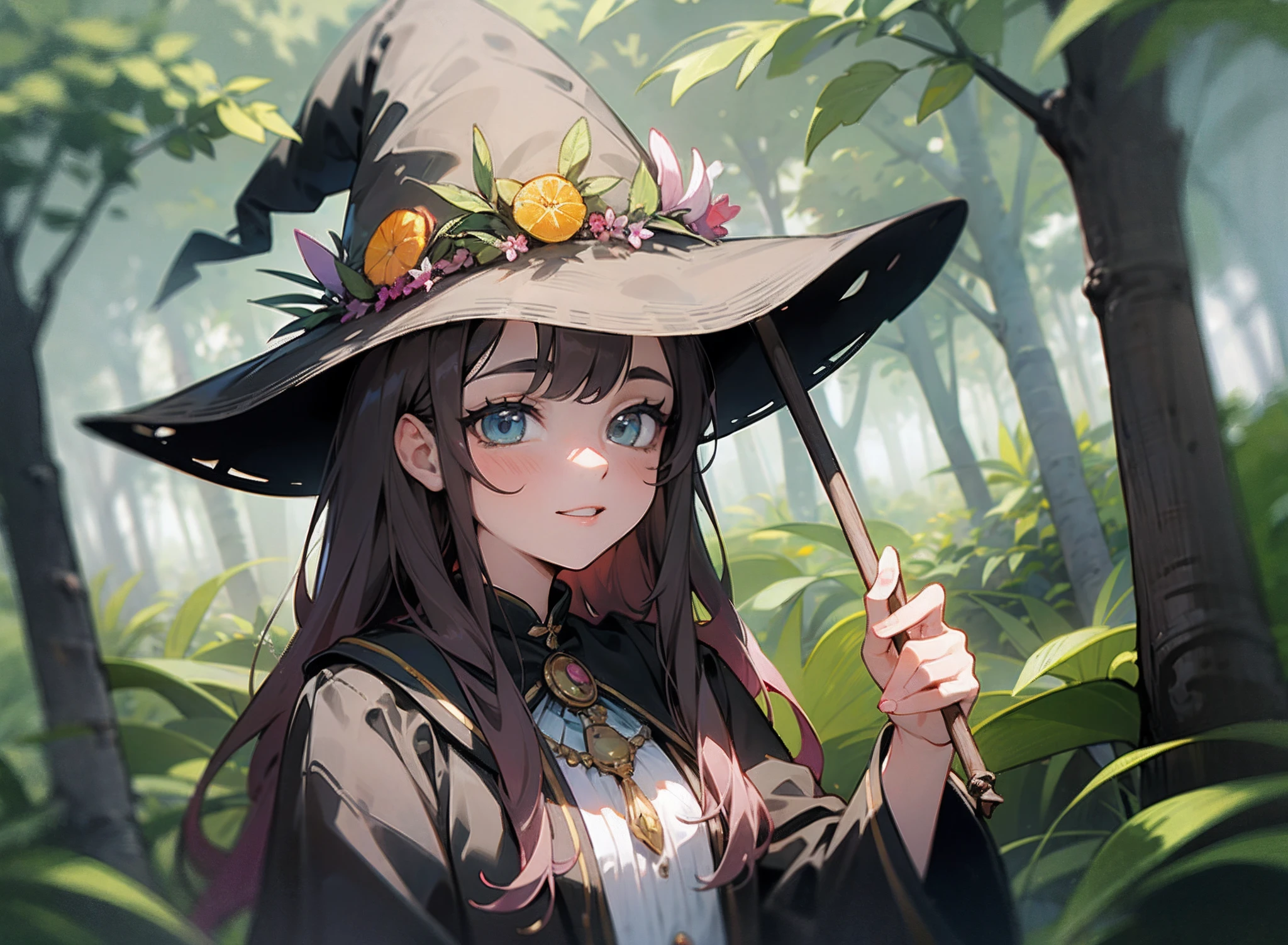 jovem bruxa com roupa laranja e roxa , wearing a witch's hat, rosto delicado e lindo, semblante angelical, estilo desenho de livro infantil, Scenery in the forest, festa com jovens bruxas na floresta, dia , ávore, paisagem linda de floresta --auto --s2