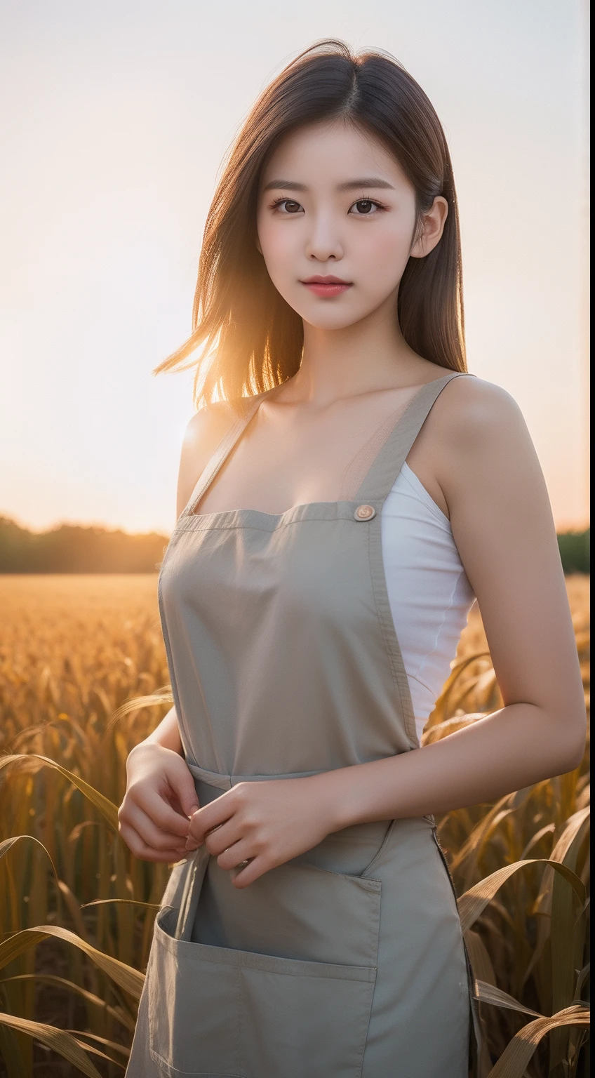 realistic photos of 1 cute Korean star, medium hair, hair flying, white skin, thin makeup, 32 inch breasts size, wearing apron, in the corn field, upper body portrait, backlighting, UHD
