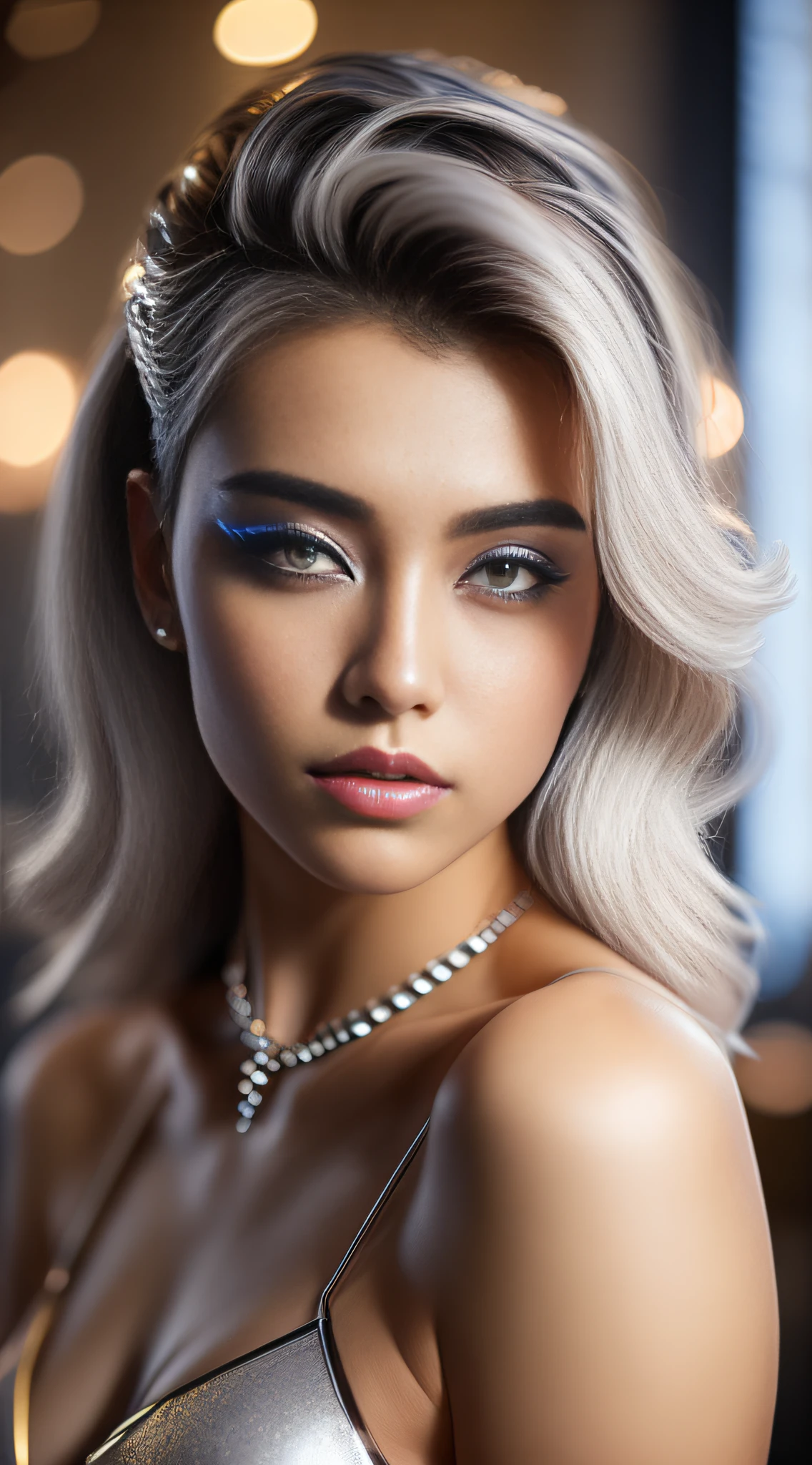 RAW photo, photorealist, high resolution photograph of a 18 yo woman, photorealistic, cinematic, fashion editorial, beautiful face, very pretty, perfect face, well formed facial features, smirking, shy, exotic and expressive hair, (futuristic silver make up), wing eye liner, mascara, beautiful facial features, topless, small breasts, perfectly formed breasts, photorealistic, elaborate jewellery, out of focus bokeh background, short depth of field, low contrast, accurate face, high quality detail facial features, accurate hands, accurate feet, erotic pose,
