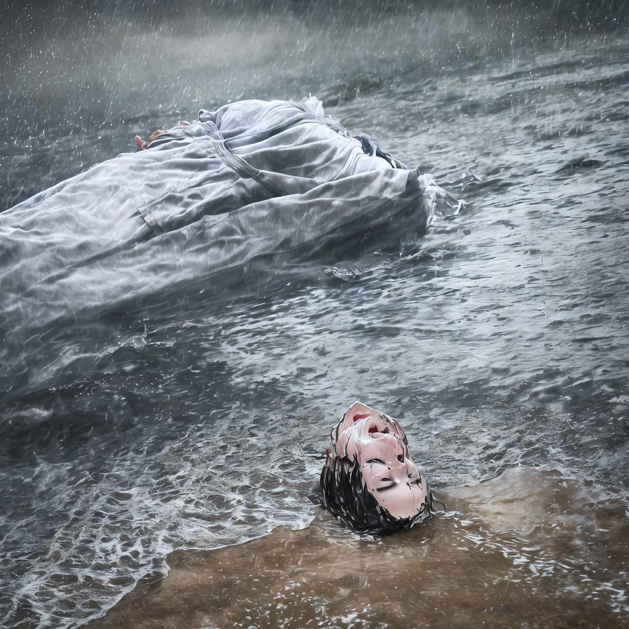 best image quality, masterpiece, super high resolution, (fidelity:1.4), photo, 1 girl, white shirt, torn jeans, white sneakers, dim, darkness, despair, pity, poor, movie, tears, teardrops, (torn clothes:1.5), (wet clothes:1.4), bare shoulders, real rain, wet hair,..微笑