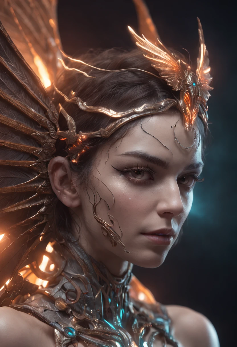 cosmic fallen angel, glowy eyes, biomechanical, eerie, creepy, nightmarish, very bright colors, light particles, bioluminescence, Mschiffer, wallpaper art, UHD wallpaper