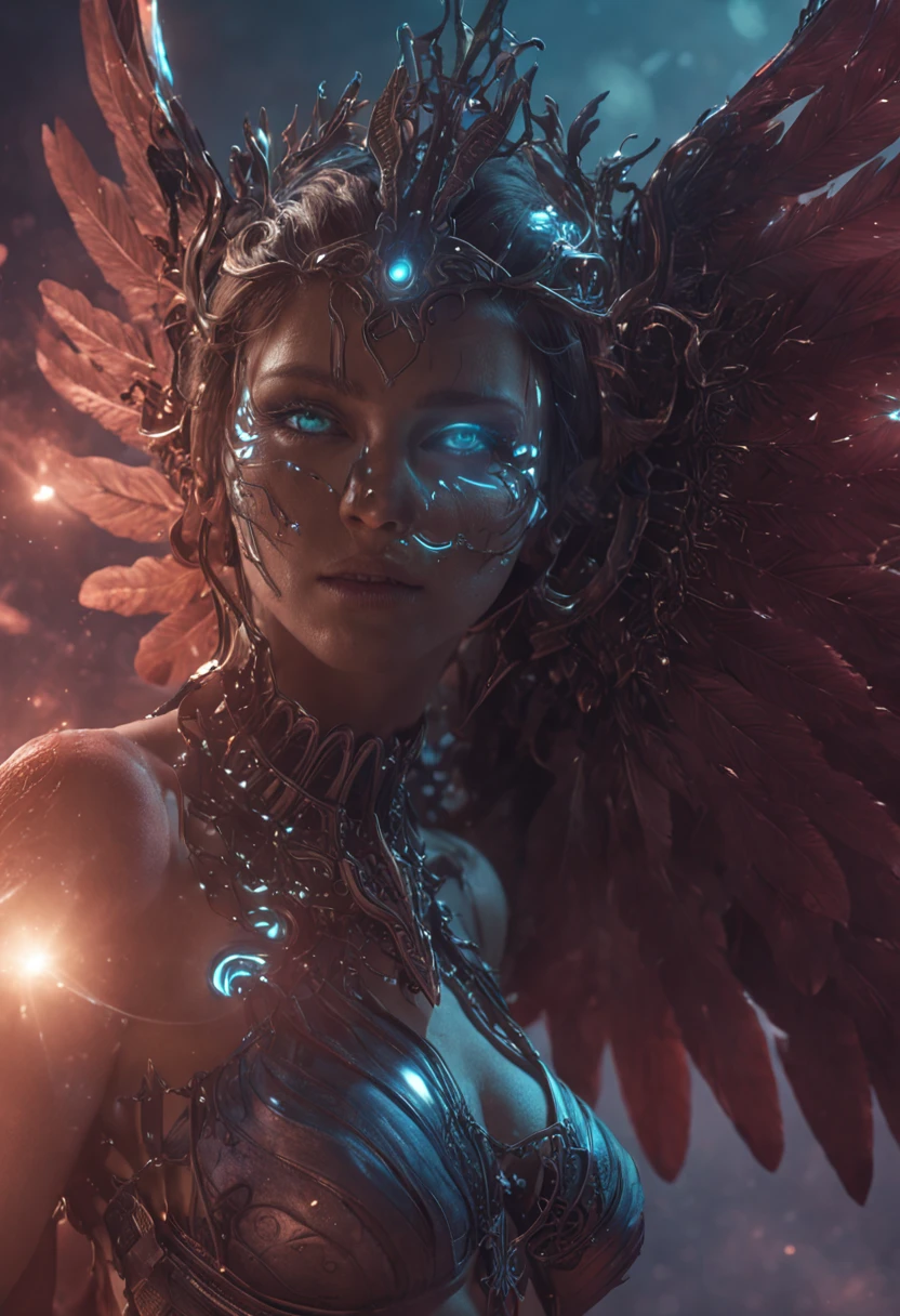 cosmic fallen angel, glowy eyes, biomechanical, eerie, creepy, nightmarish, very bright colors, light particles, bioluminescence, Mschiffer, wallpaper art, UHD wallpaper