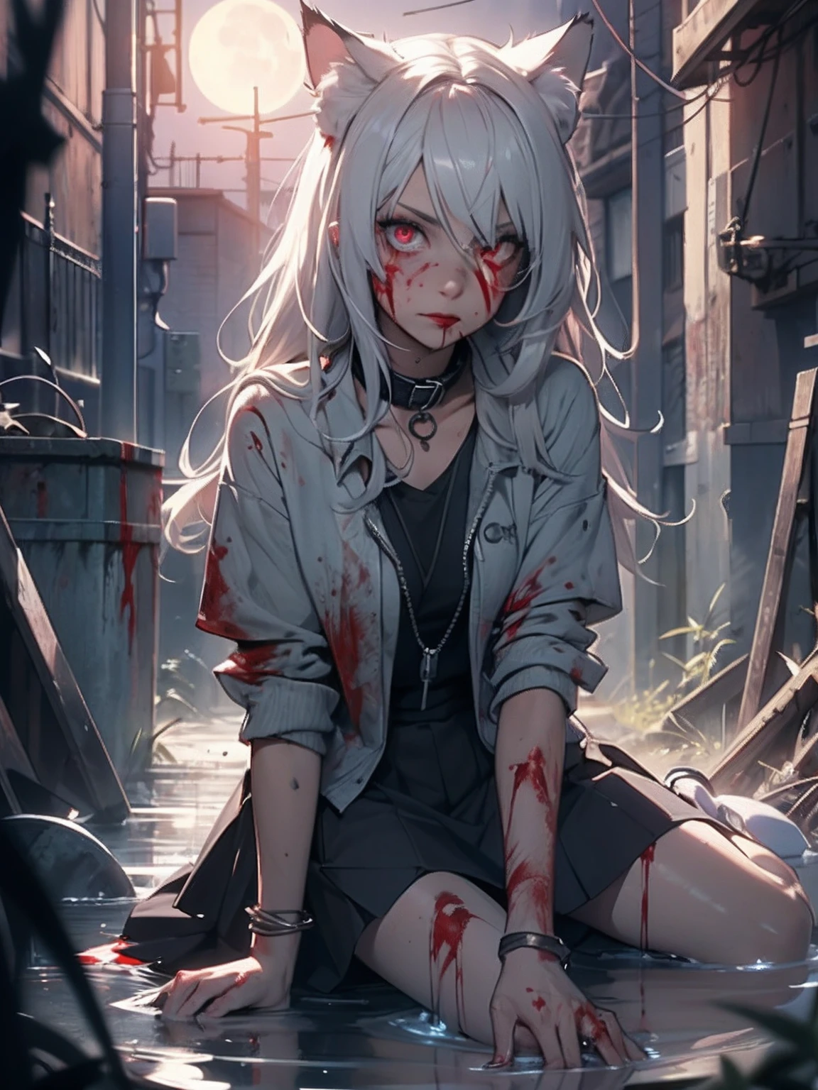 1Girl, modern prison, ((bloody)),wound, bruses, long hair, skirt, chained, sitting on ground, collar, cat girl, cat ears, cat tail, moonlight, dirty, dirty clothes, detailed clothes,masterpiece, realistic lighting, glowing eyes,c.c.,pgr_luna,mamori,blood, ((bloody stream)), ((blood_on_face)) (((detailed face)))