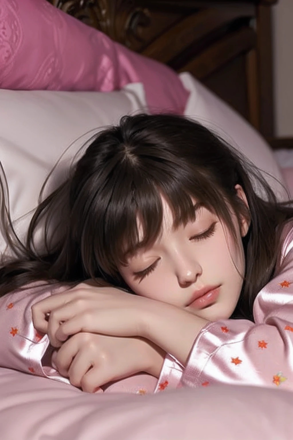 Sleeping girl, 22 years old, Realistic, Lie down in bed，Wear pink pajamas，Brown hair. --auto --s2