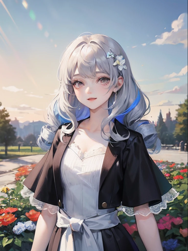 Silver hair with blue gradient at tips、a beauty girl、girl with、robe blanche、Princess、from waist up、curlyhair、Vertical hair roll、Beautiful girl with fair skin、、happily face、Have flowers、high-level image quality、Flower Garden、garden with flowers、Warm sunshine、Gardener's clothes、Woman smiling with flowers、Town Girl