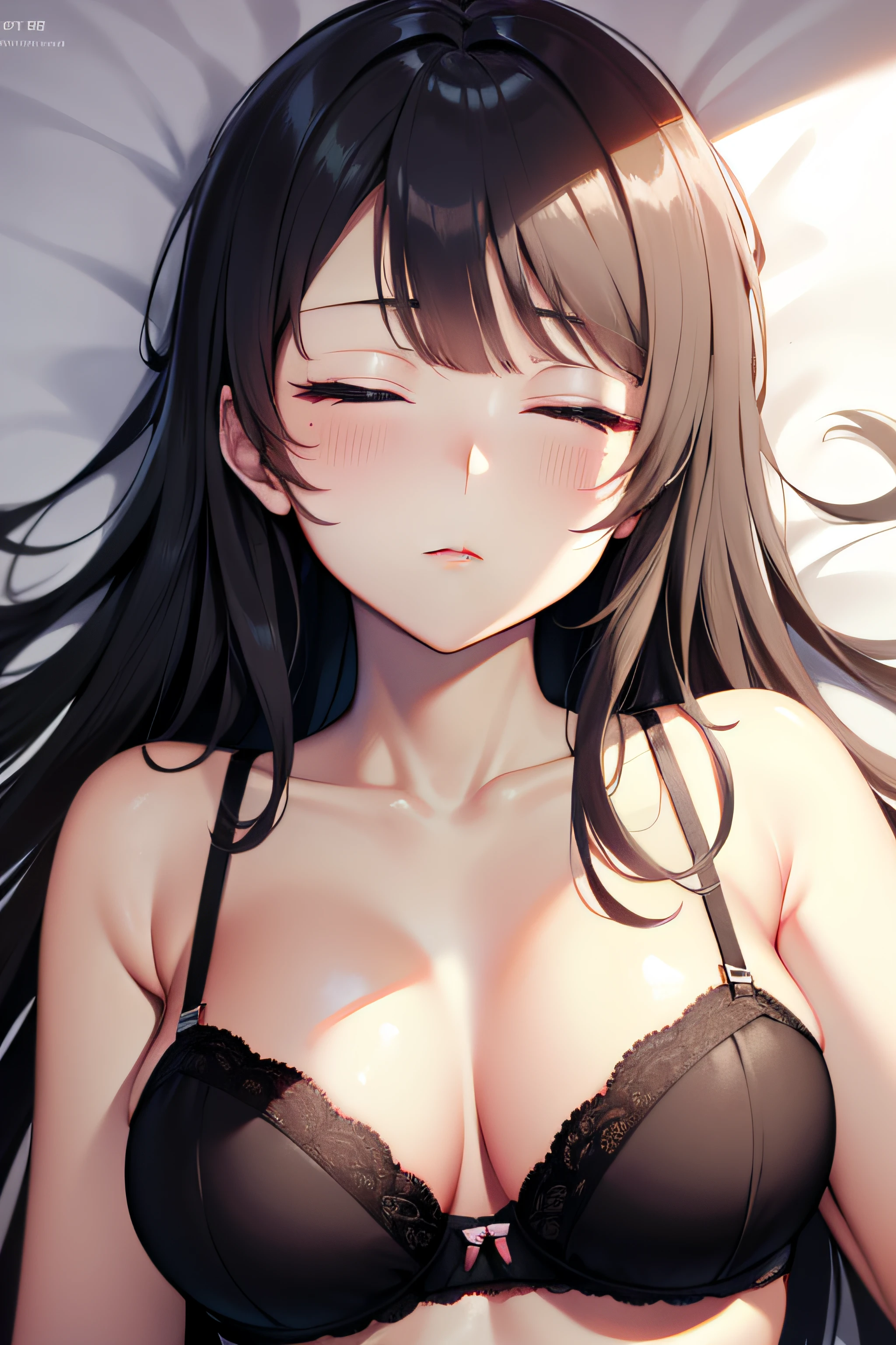 ((masterpiece, best quality, highres, UHD, perfect pixel, depth of field)), Sakurajima mai, long hair, bangs, black hair, ((smooth texture:0.95, detailed face)), ((medium breasts, cleavage)), (indoor, bedroom), busty, perfect body, ((fall asleep on the bed, supine, sleep beauty, closed eyes, closed mouth)), ((close up, POV, shot on face)), blushing, ((bra, lingerie)), natural light