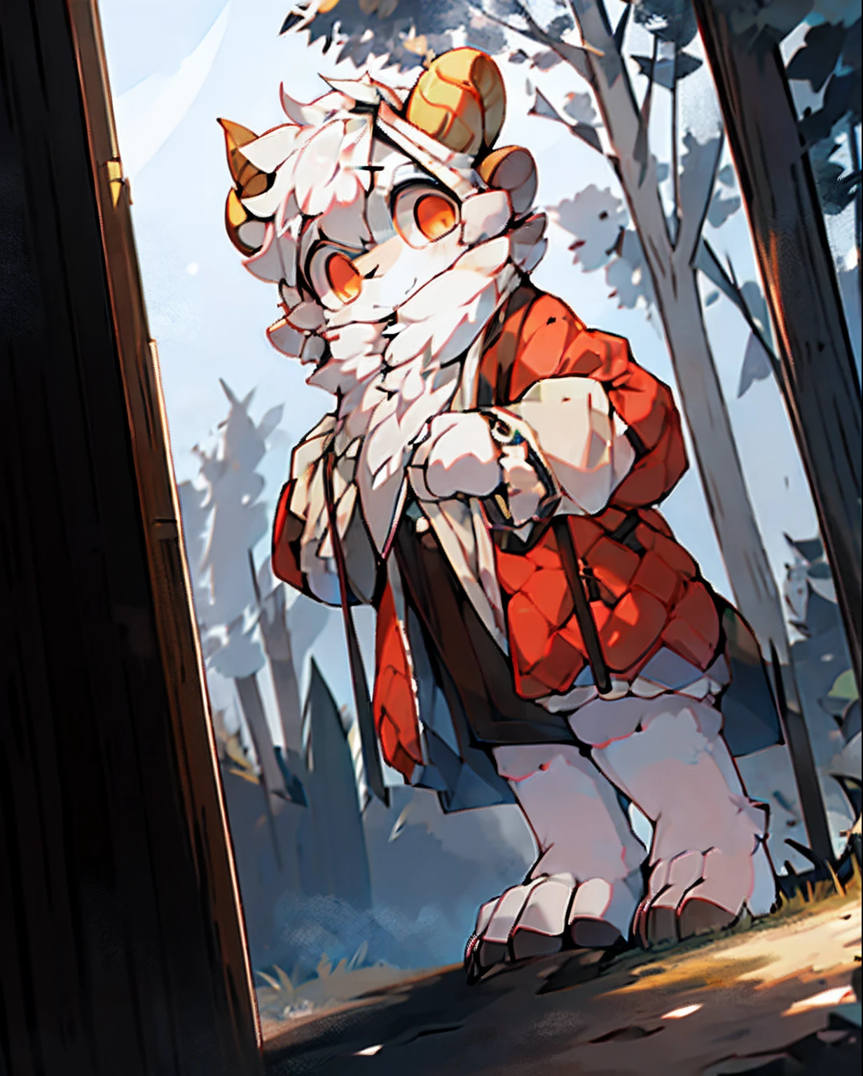 Goat Girl,Sheep horns,White hair,female focus,Female furry,8old girl,Stand up,ssmile,is shy